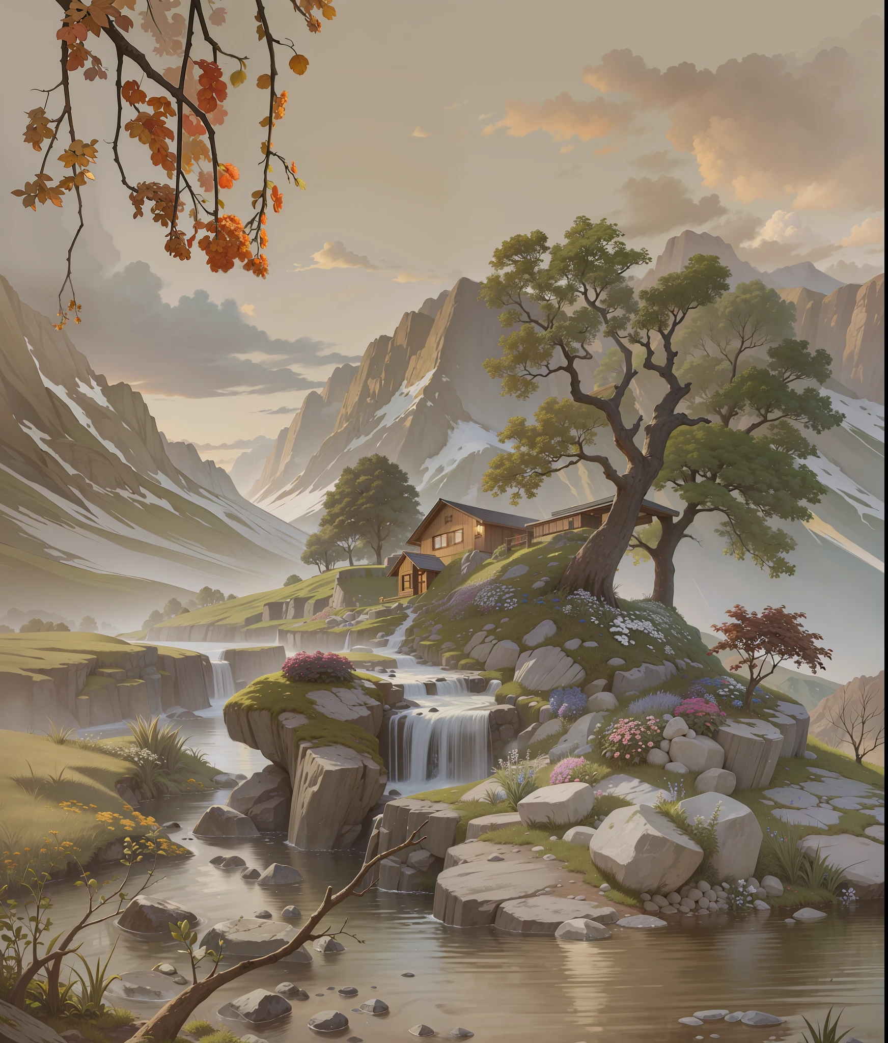 (Masterpiece, Best Quality, High Quality, High Resolution: 1.4), Detail, Very Detailed, Ambient Soft Lighting, 4K, Outdoor, (Nature, Oak Forest: 1.2), (Rock: 1.2), Mountain, Flowers, Plants, House, Oil Painting