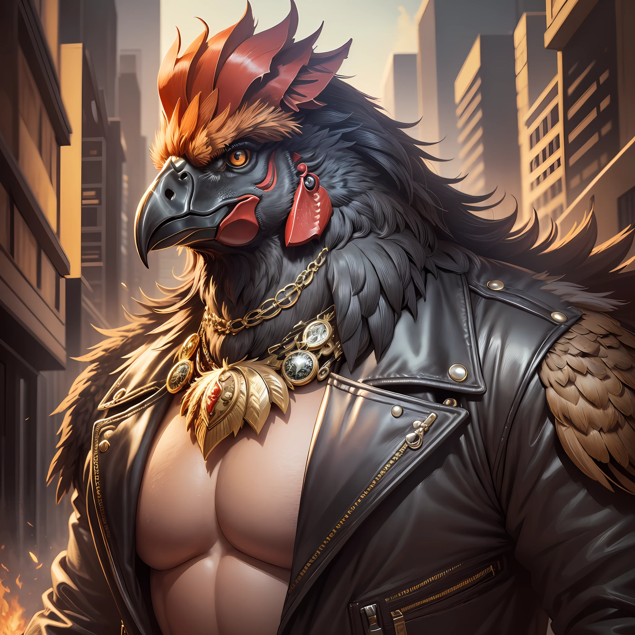 ((best quality)), ((ultradetailed)), ((masterpiece)), illustration, theme: animal mafia, animal: rooster, build: fat wearing: gold necklace and leather jacket, expression: fierce, viewpoint: third person, background: dark and gritty atmosphere, resolution: 4K --auto --s2