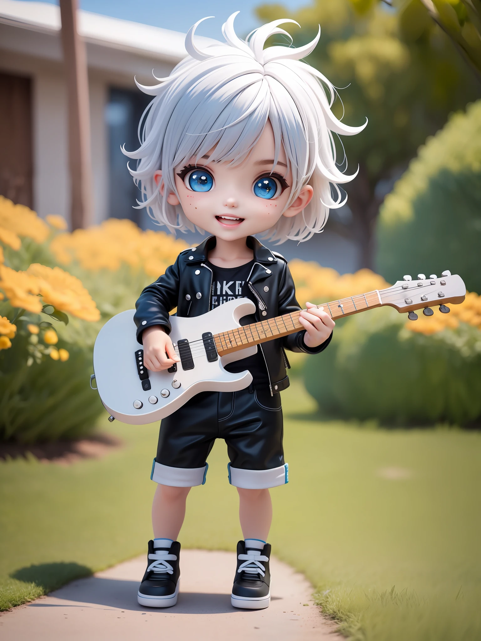 (Masterpiece), (Best Quality), (Super Detail), (Full Body: 1.2), Boy, Chibi, Cute, Smile, Open Mouth, Outdoors, Play Electric Guitar, Music, Guitar, Leather Jacket, Blush, Wood, :3, Black Shirt, Short Hair, Blurry, Messy Hair, Short Sleeves, White Hair, Blue Eyes, Shining Eyes, (Beautiful Detailed Face), (Beautiful Detailed Eyes),