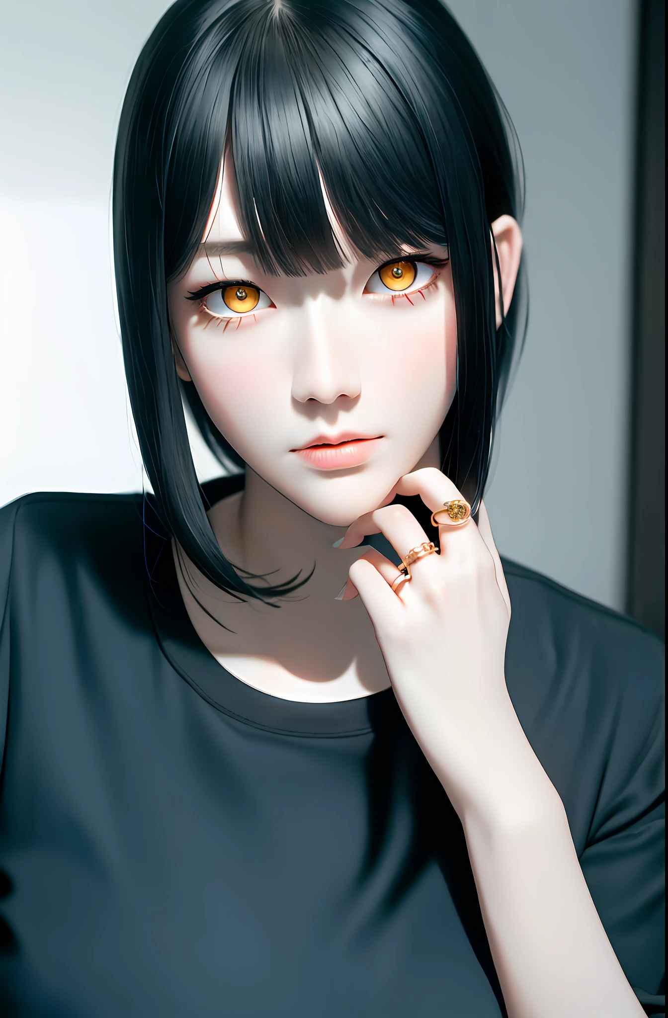 Masterpiece, (Photorealistic: 1.4), Top Quality, Beautiful Lighting, (ulzzang-6500:0.5), Makima \(Chainsaw Man\), (Bob Hair) + (Black Hair) + (Bangs), Yellow Eyes, Golden Eyes, (((Ring-shaped Eyes)), (Blue Shirt), RAW Photography, 8k UHD, Film Grain
