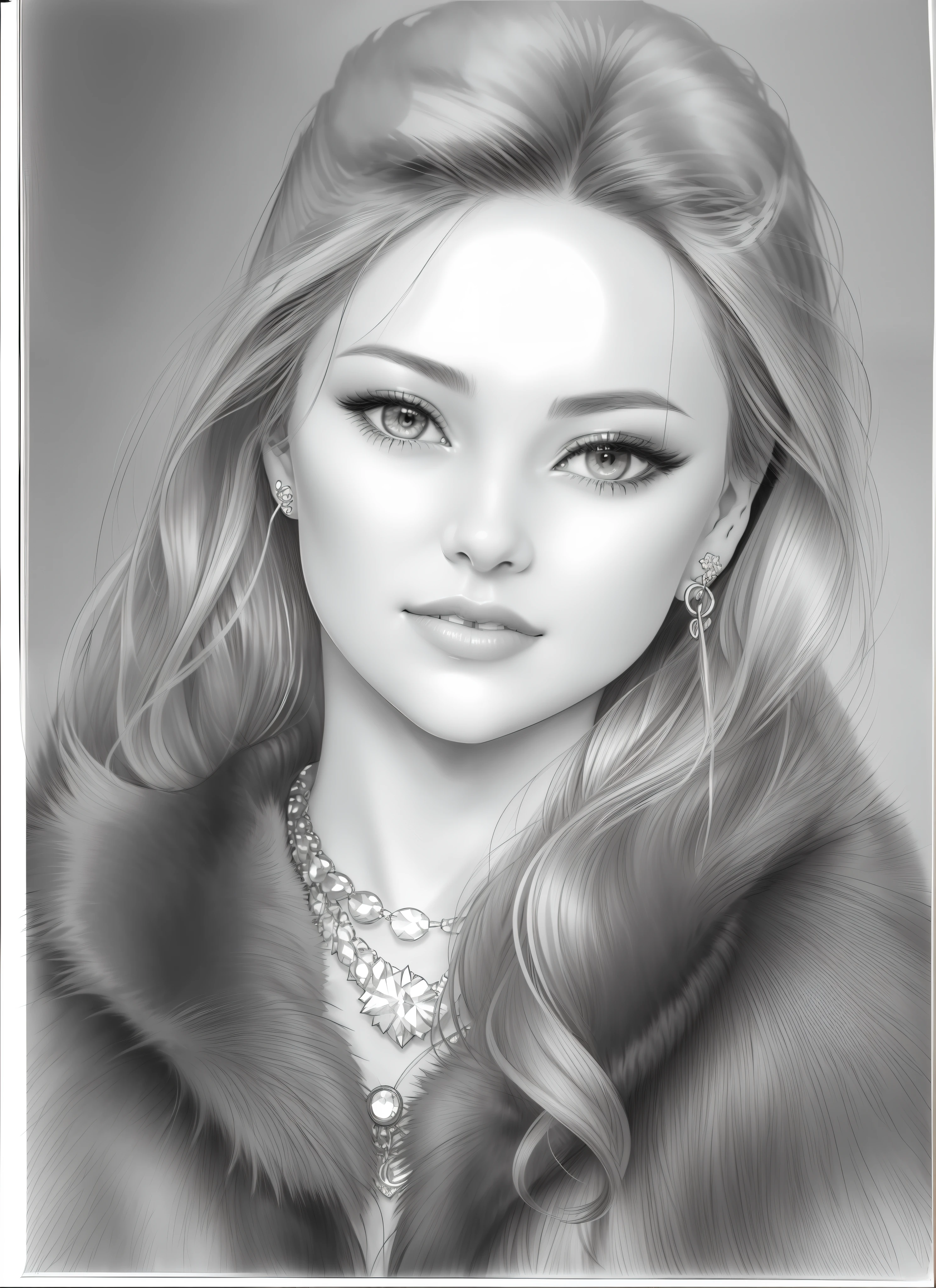 a drawing of a woman with a fur coat and earrings, realistic sketch, realism drawing, portrait of a cute girl, pencil draw, pencil drawing, detailed portrait, pencil sketch, portrait girl, realistic graphite, realistic portrait, traditional portrait, cute portrait, girl portrait, professional portrait drawing, realistic drawing, pencil art on paper, a pencil sketch, black and white graphite drawing