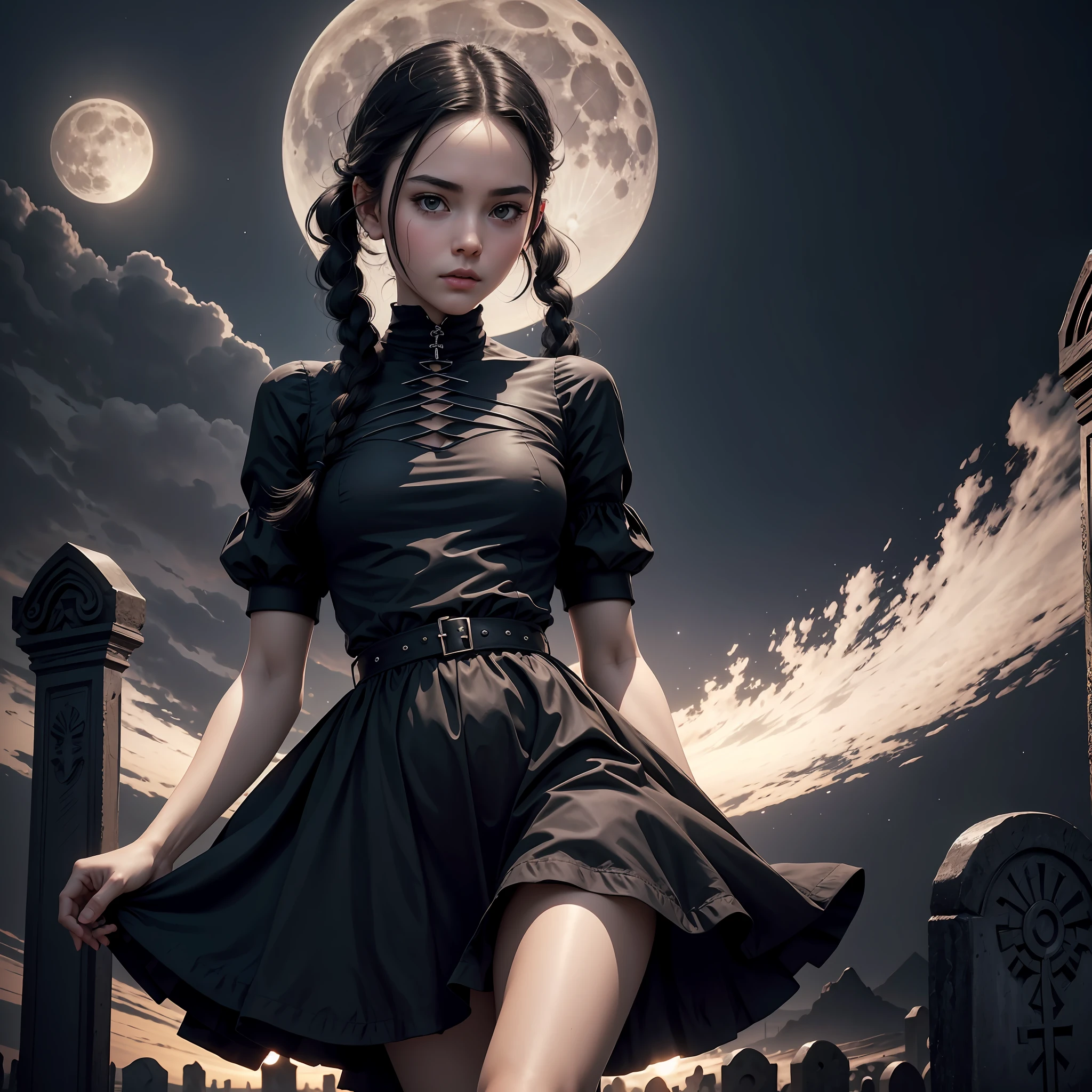 Ultra-realistic, best image quality, 8k, masterpiece, black haired girl, white skin, braid, black dress, , small, slender, graveyard with full moon, beautiful constriction, ideal muscles, perfect skeleton,