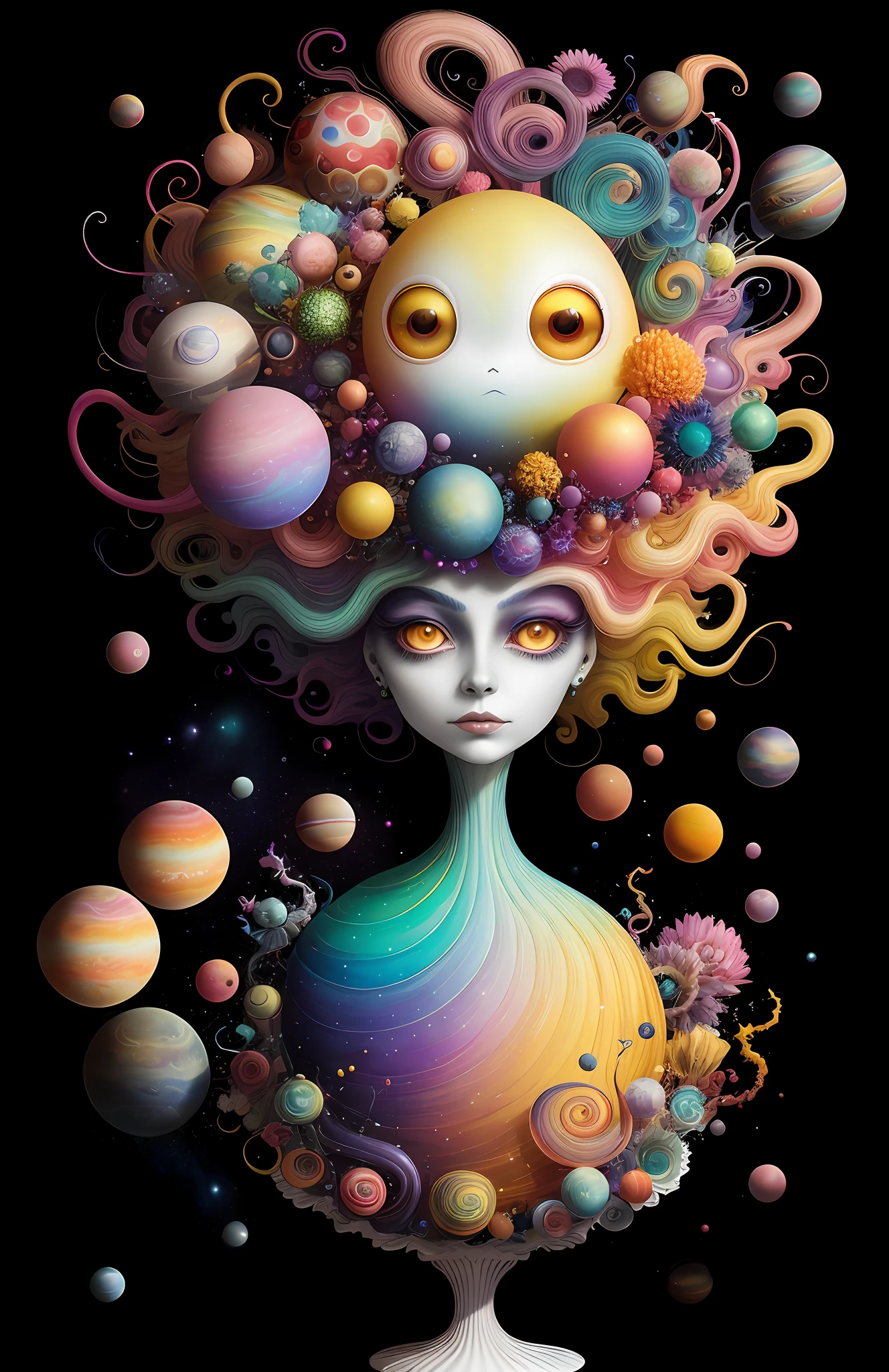 colorpop style, photo photo portrait of the sun surrounded by orbiting planetary moons, blonde pointy hair, natalie shau, mark ryden, alberto seveso, brooke shaden, anna dittmann, flora borsi, 8k resolution, perfect composition, milky way, rainbow color, flying insects, scales, wings, blue, texture, complex, gorgeous, shadow, pastel colors, 3d, Highly detailed, decorated in style, Tim Burton, Dale Chihuly, Xiaolongcheng, Cyril Rolando, by J. Gigue