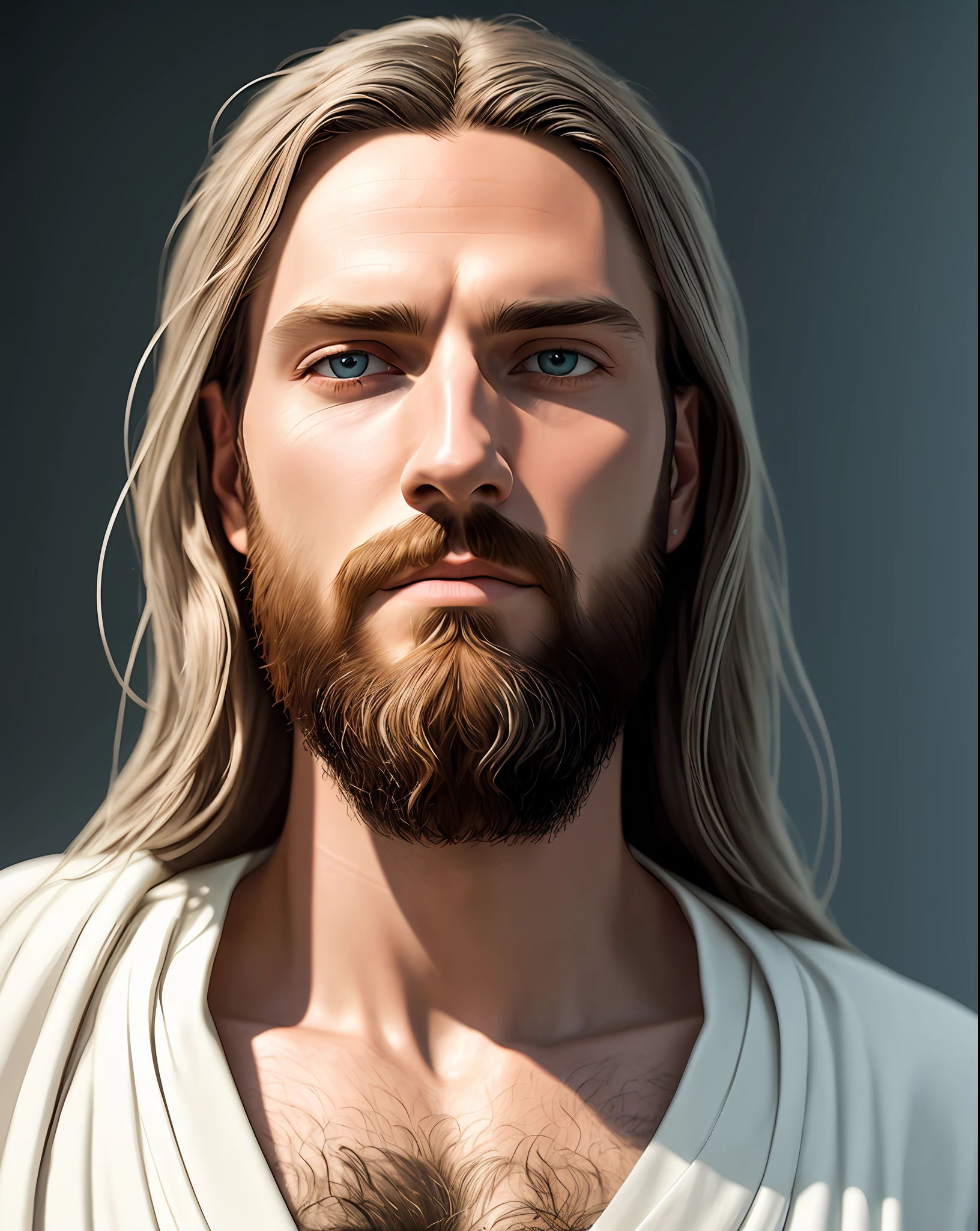 (symmetry),centered,a ((close)) up portrait,(Jesus),a very thin white man with long hair and a beard,wearing a long white robe,35mm,natural skin,clothes detail, 8k texture, 8k, insane details, intricate details, hyperdetailedhighly detailed,realistic,soft cinematic light,HDR,sharp focus, ((((cinematic look)))),intricate, elegant, highly detailed