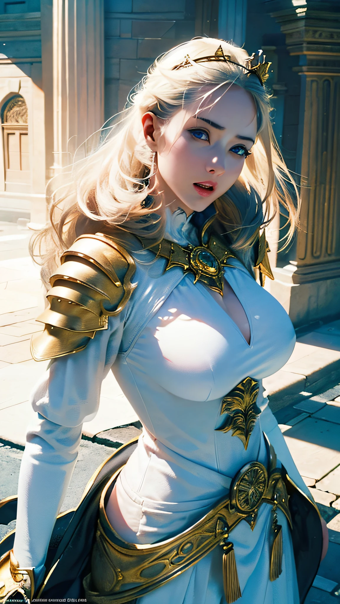 Official Art, Unity 8k wallpaper, ultra detail, masterpiece, best quality, one woman, (very detailed),(RAW photo, best quality), (realistic, photorealistic:1.3), high definition, open mouth wide, ultra-detailed complex 3D rendering of face, (big breasts: 8.8), (highly detailed skin: 1.2), (exposure: 1.1), Beautiful Caucasian woman with white skin with full soft breasts of big ass (topless), breasts, white hair, blue eyes, long hair, (translucent white dress), dynamic angle, mystical expression, fire glow effect, fantasy background, rim lighting, side light, cinematic light, ultra high definition, 8k, film grain,best shadow, light particles, detailed skin texture, detailed gemstone armor texture, Detailed Face, Complex Detail, Ultra Detailed, Bright, Strong, Gold Armor, Cleavage, Slender Abs, Has a Glowing Weapon, Has a Shield, Pauldron, ((Detailed and Beautiful Huge Crown)), Glowing Eyes, Long Red Cloak, Fantasy, (Realistic),