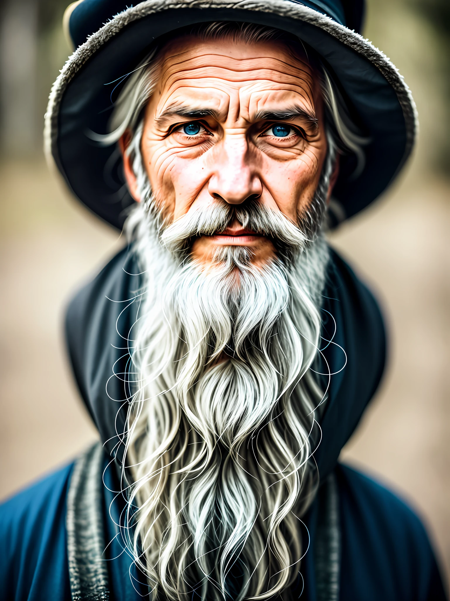 A portrait of a wizard, bearded, wrinkled, weathered, with piercing eyes, detailed face, high details, photography, natural light, Nikon D850, 50mm, f/1.4