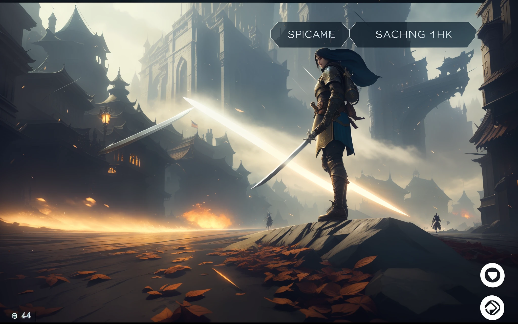 a close up of a person holding a sword on a street, amazing splashscreen artwork, amazing wallpaper, fantastic screenshot art, unreal engine 4k wallpaper, unreal engine fantasy art, andreas rocha style, immensely detailed scene, loadscreen, cinematic 4k wallpaper, ultra detailed game art, cinematic 4 k wallpaper, cinematic wallpaper, 4 k hd wallpaper very detailed