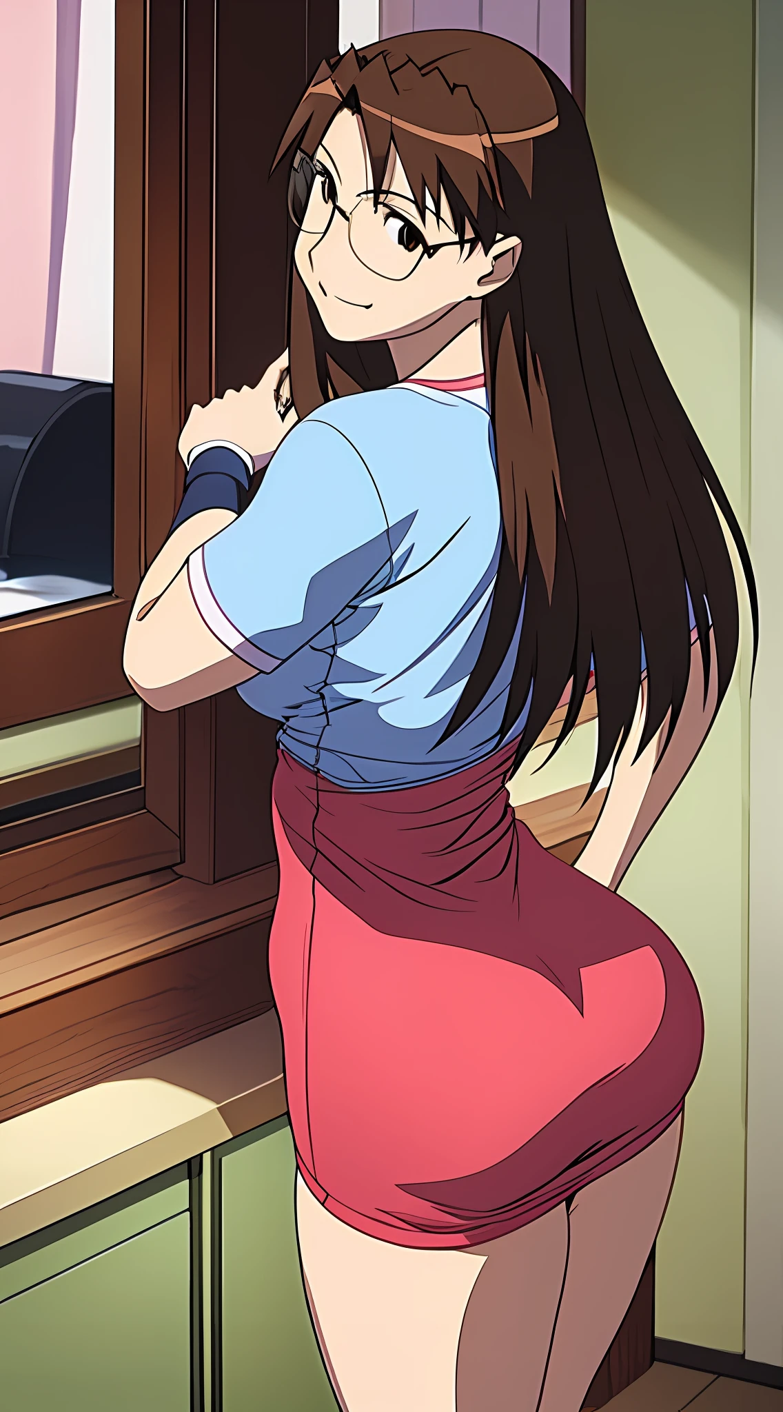 Koyomi Mizuhara, Brunette hair, long hair, glasses, medium breasts, bra underneath, medium ass, volleyball tight shirt, tight dress, socks, sneakers, smirking, view from behind, room background, posing, showing her butt, Fit body