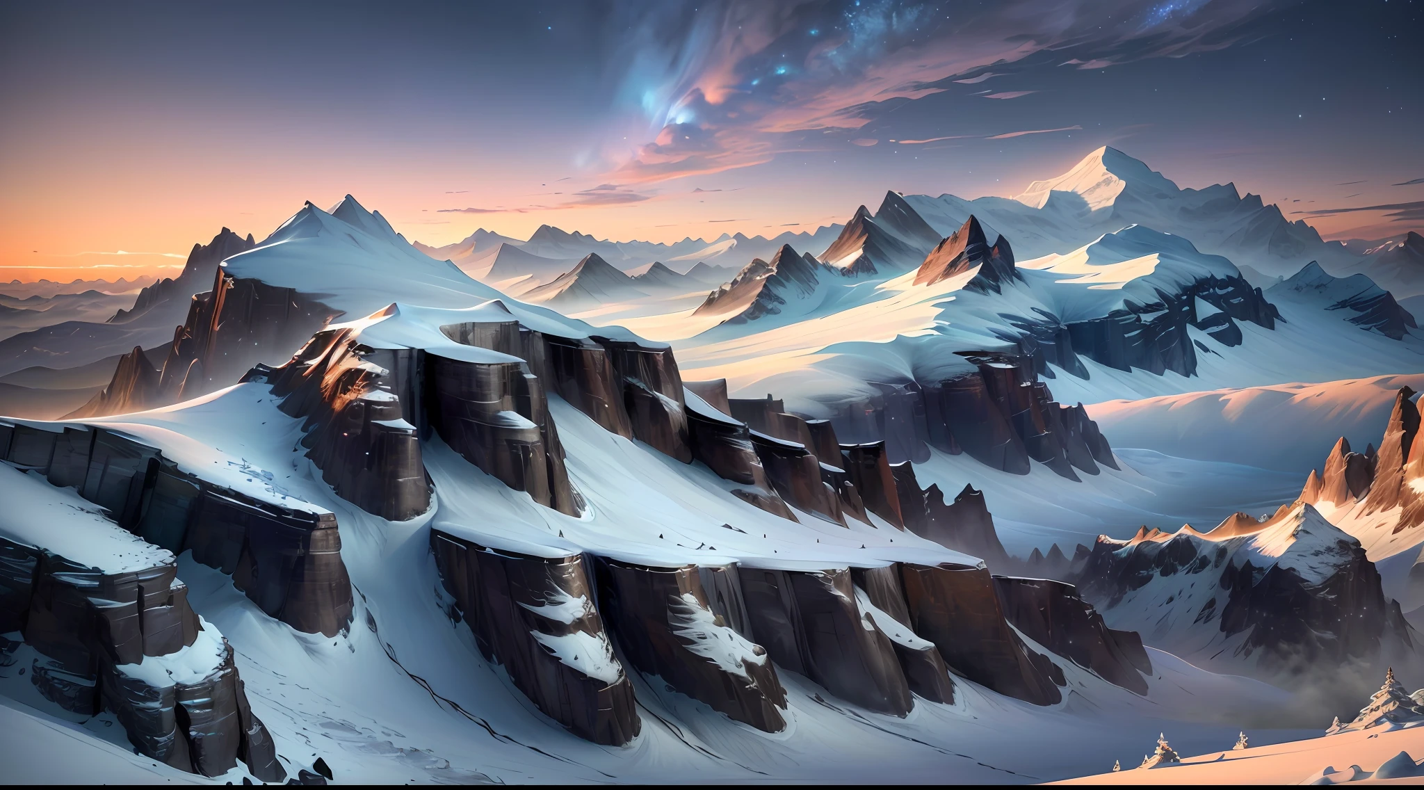 mountains covered in snow and snow with a sky background, 4k highly detailed digital art, 8k stunning artwork, impressive fantasy landscape, jessica rossier fantasy art, marc adamus, concept art 8 k, 8 k high detail concept art, 8 k matte painting, 8k matte painting, majestic snowy mountains, inspired by jessica rossier, most epic landscape