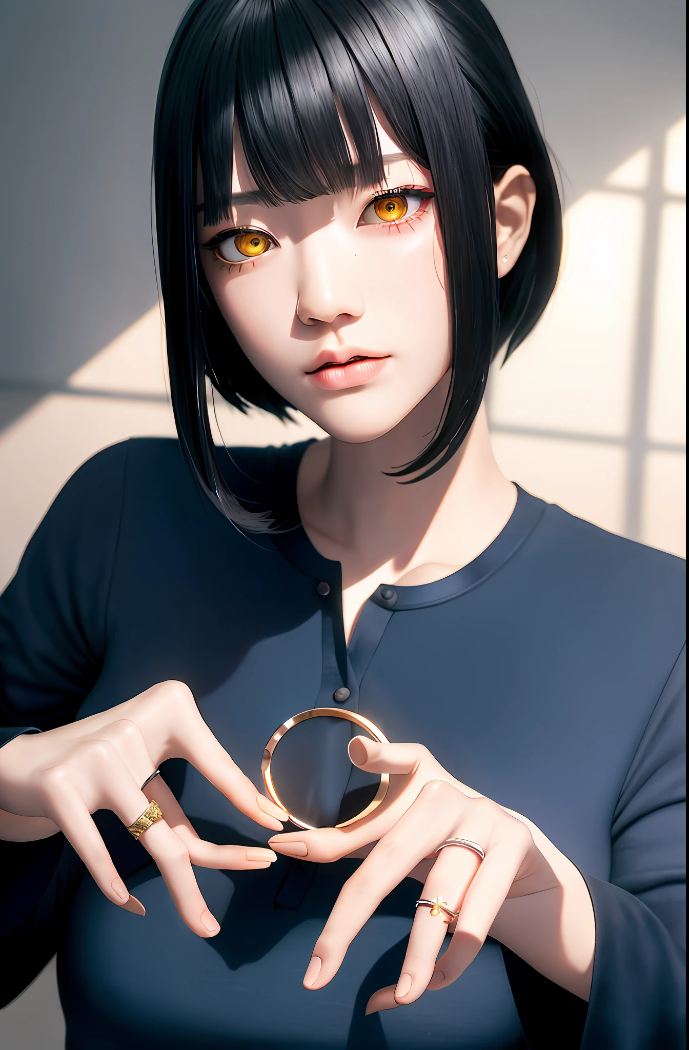 Masterpiece, (Photorealistic: 1.4), Top Quality, Beautiful Lighting, (ulzzang-6500:0.5), Makima \(Chainsaw Man\), (Bob Hair) + (Black Hair) + (Bangs), Yellow Eyes, Golden Eyes, (((Ring-shaped Eyes)), (Blue Shirt), RAW Photography, 8k UHD, Film Grain