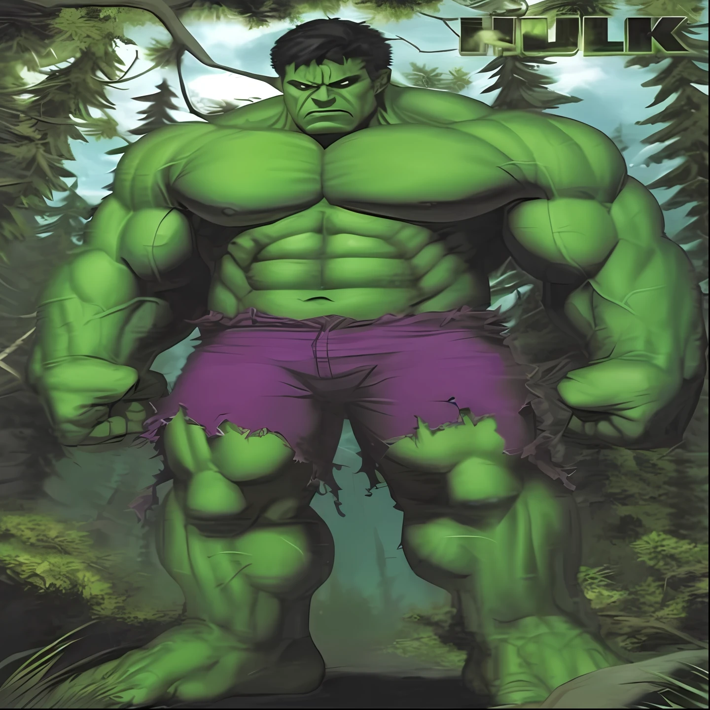 a close up of a hulk hulk in purple shorts standing in the woods, hulking, hulk body type, hulkish, hulk like physique, incredible hulk, portrait of the hulk, the hulk, hulk, inspired by Joe Jusko, son goku as the incredible hulk, the incredible hulk, boris johnson as hulk, musclebound and hulking, by Joe Jusko