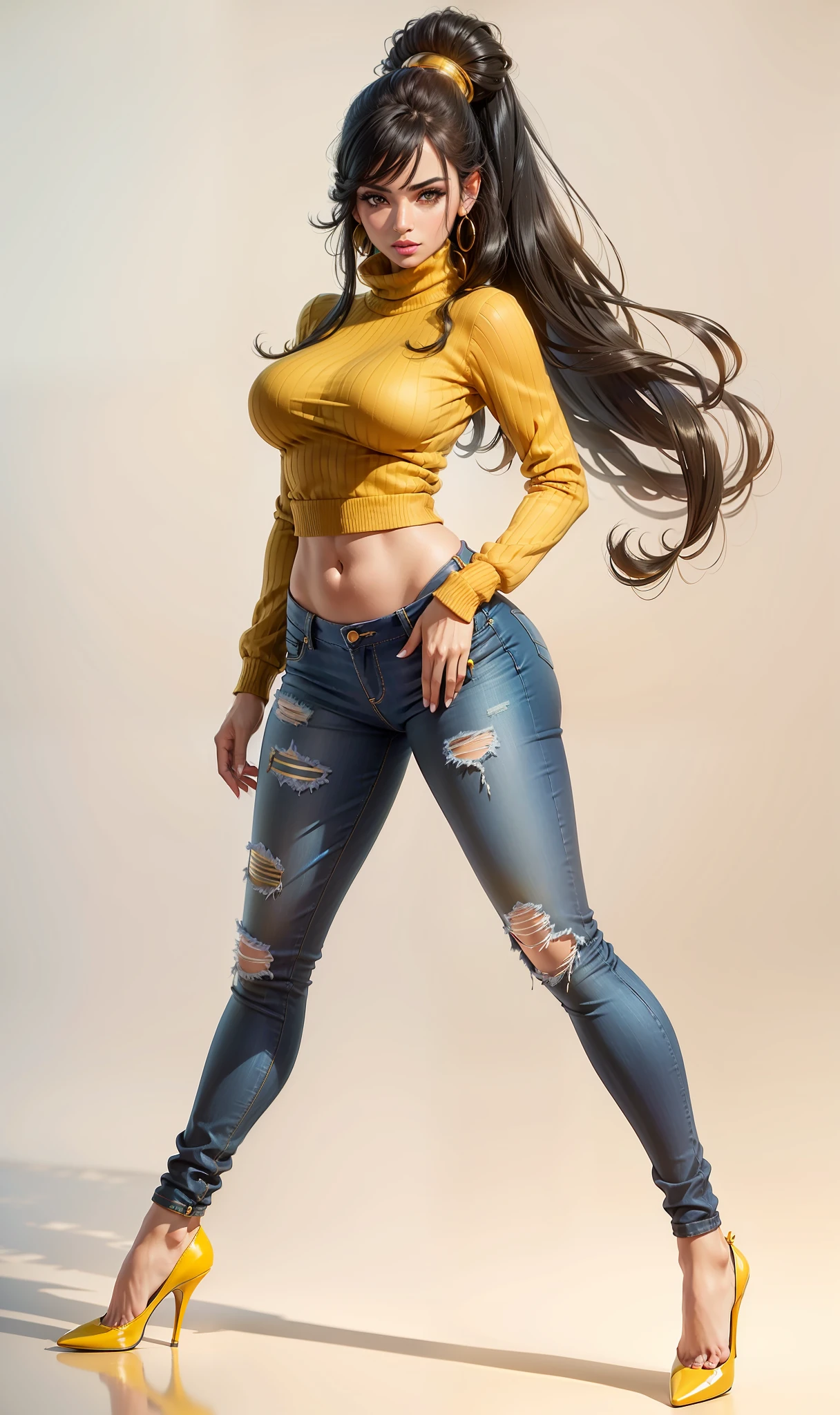 16k, UHD, Hyperrealistic, High detail, best quality, beautiful Egyptian woman, tight jeans, tight yellow sweater, exposed torso, yellow heels, black hair, blue eyes, sexy