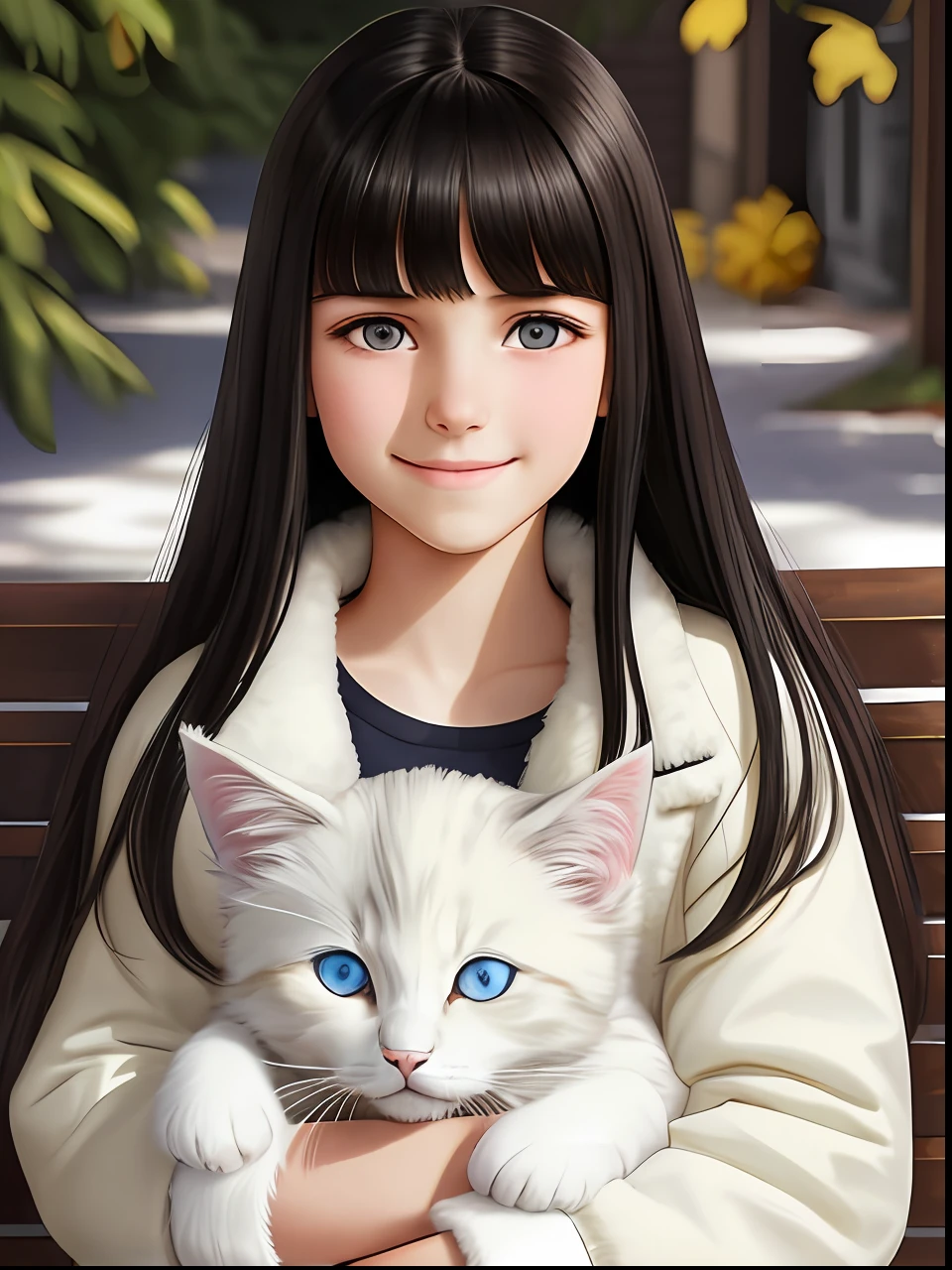 a skin-colored ****************
Caucasian with long straight black hair and bangs, with hazel eyes, smiling with a realistic tone, wearing a fluffy white jacket and holding a fluffy gray kitten in her lap --auto --s2