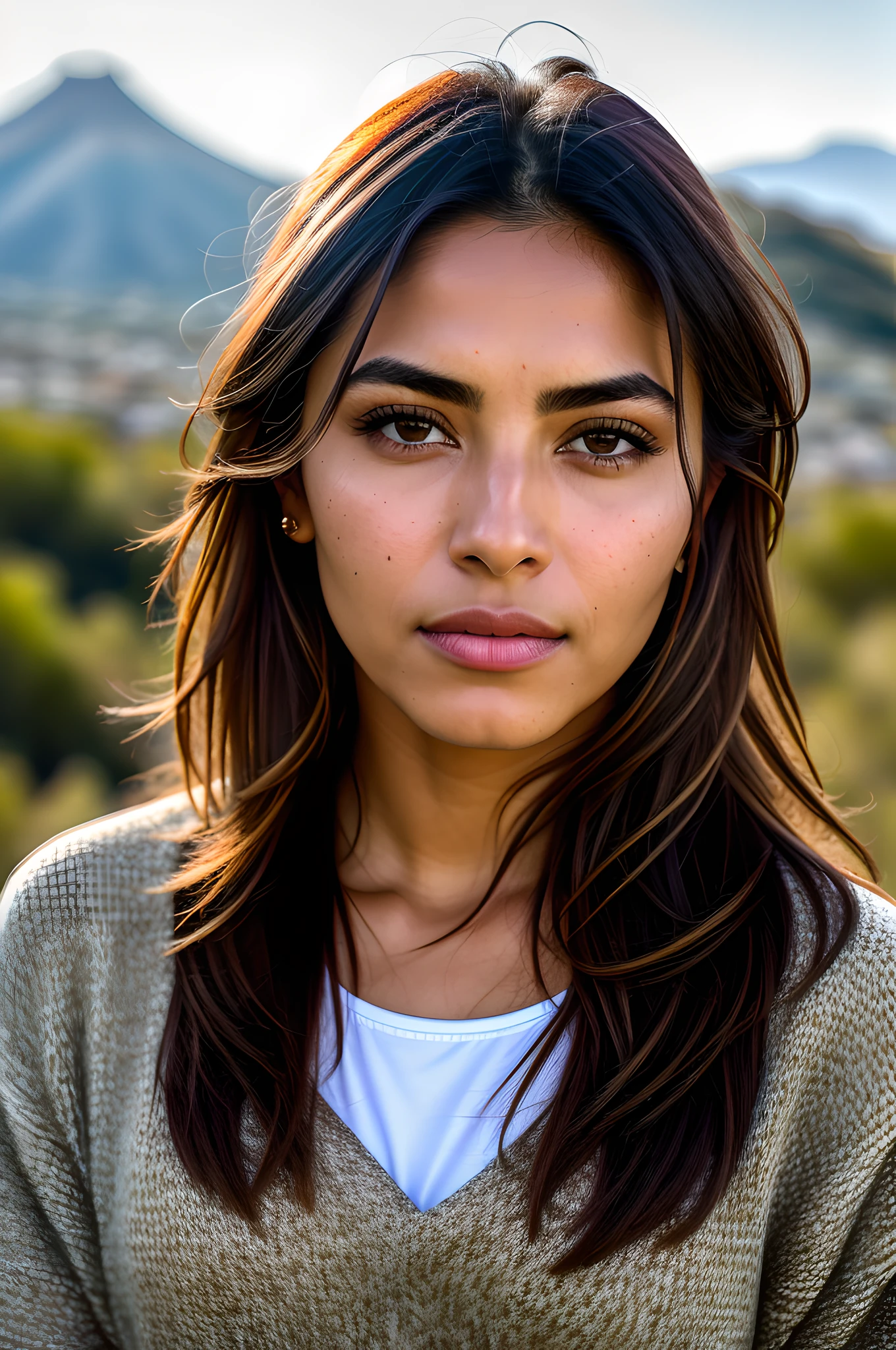 portrait of modern Jesus, cinematic lighting, depth of field, bokeh, realism, photorealistic, hyperrealism, professional photography, uhd, dslr, hdr, world winner of press photos, (award-winning photograph:1.3), (modern mexican woman, beautiful face, young woman, mexican skin tone, typical mexican feminine features:1.4), (very sharp photo:1.1), (8k, RAW photo, best quality:1.3), (realistic, photo-realistic, female, modest clothes:1.1), rugged mountain range, rocky terrain, dramatic peaks, cold, challenging, inspiring, Portait of one (beautiful typical modern Mexican woman outdoors:1.5), style (look at the viewer: 1.2) (skin texture) (film grain: 1.3), (warm hue, warm tone: 1.2), close up, cinematic light, side lighting, ultra high res, best shadow, RAW, upper body, wearing pullover, microgeometry, skin elasticity, light scattering through hair, ambient occlusion, multilayer skin shading, facial muscle simulation, iris and pupil rendering, advanced color classification