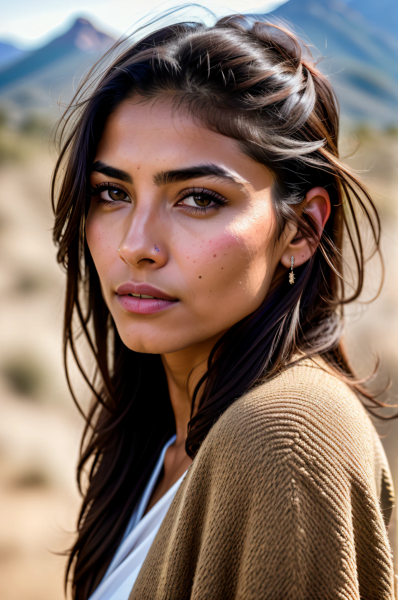 portrait of modern Jesus, cinematic lighting, depth of field, bokeh, realism, photorealistic, hyperrealism, professional photography, uhd, dslr, hdr, world winner of press photos, (award-winning photograph:1.3), (modern mexican woman, beautiful face, young woman, mexican skin tone, typical mexican feminine features:1.4), (very sharp photo:1.1), (8k, RAW photo, best quality:1.3), (realistic, photo-realistic, female, modest clothes:1.1), rugged mountain range, rocky terrain, dramatic peaks, cold, challenging, inspiring, Portait of one (beautiful typical modern Mexican woman outdoors:1.5), style (look at the viewer: 1.2) (skin texture) (film grain: 1.3), (warm hue, warm tone: 1.2), close up, cinematic light, side lighting, ultra high res, best shadow, RAW, upper body, wearing pullover, microgeometry, skin elasticity, light scattering through hair, ambient occlusion, multilayer skin shading, facial muscle simulation, iris and pupil rendering, advanced color classification