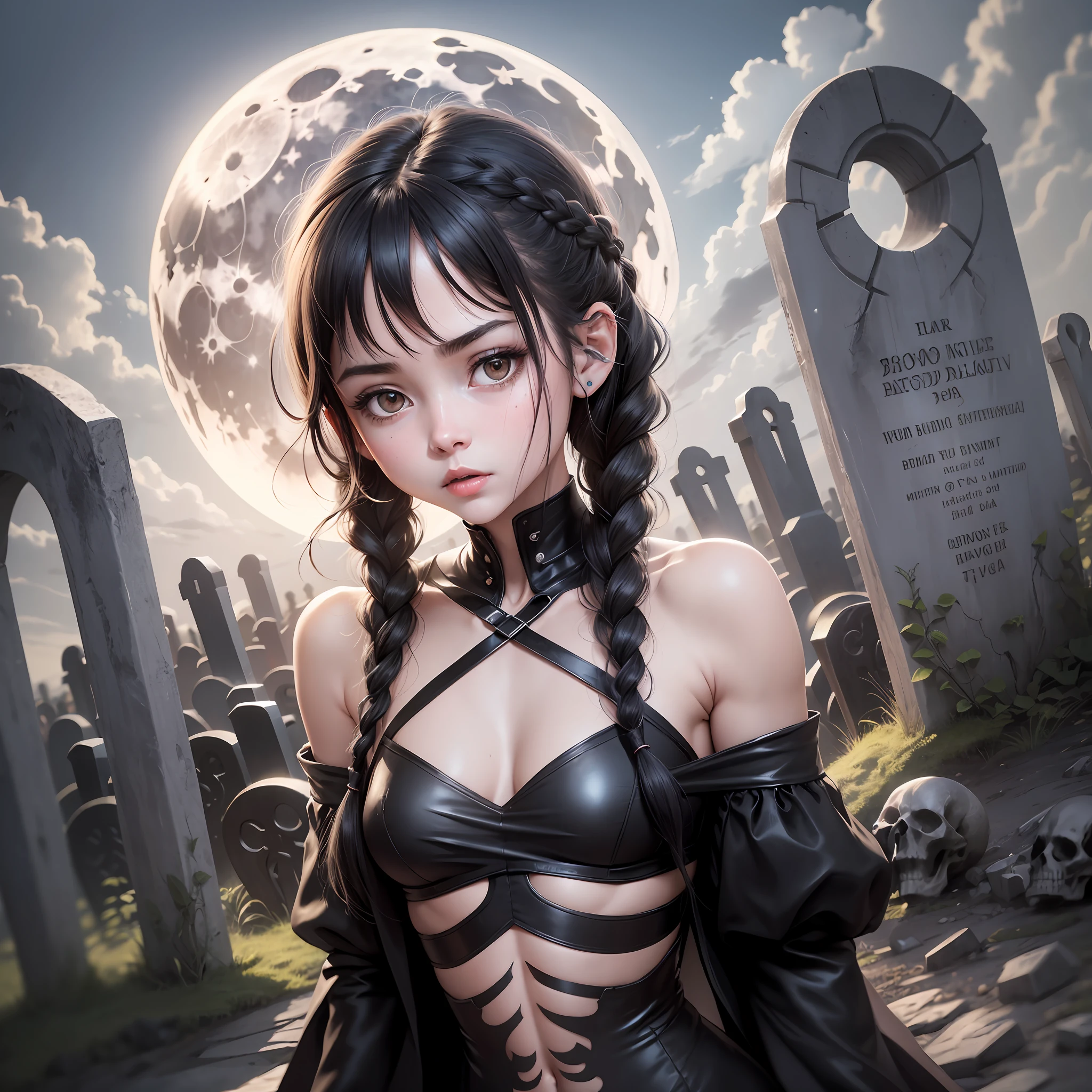 Ultra-realistic, best image quality, 8k, masterpiece, black haired girl, white skin, braid, black dress, , small, slender, graveyard with full moon, beautiful constriction, ideal muscles, perfect skeleton,