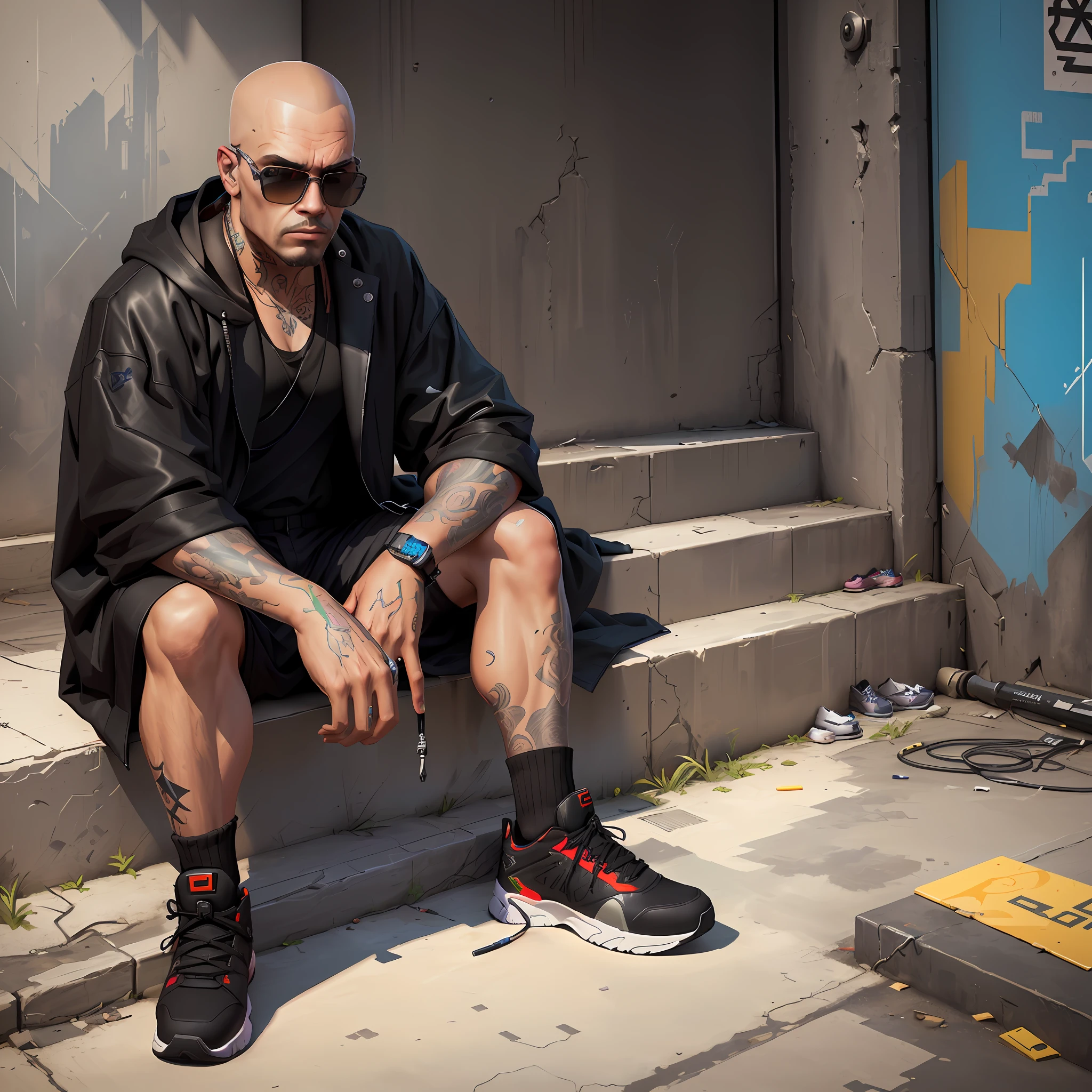 man sitting on steps with a pair of shoes, cyberpunk street goon, with black bathrobe, sunglasses, arm leg and neck tattooed, graffiti on the wall written "Narglandia", flag of Brazil, photorealistic art style, 3 D render character art 8 K, style of GTA V works of art, high quality portrait, Alexey Egorov, GTA character,  Digital painting style, ultra-realistic 8K cyberpunk art, detailed bass. Digital painting, conceptual art as Ernest Khalimov --auto --s2