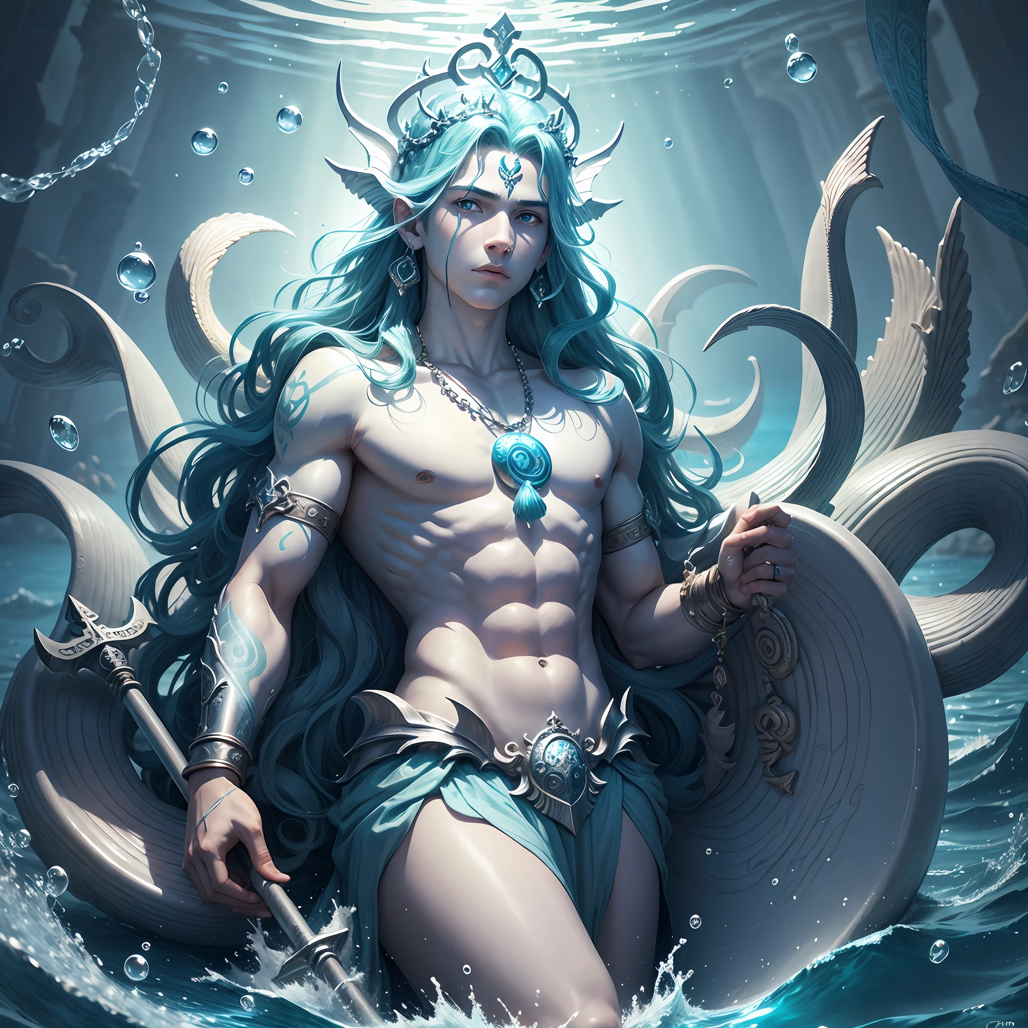 God of the seas, with a trident, adolescent, with a crown of shells, a teenage man, god of the deep, with bright runes on his body, in a submerged temple, siren, mermaids --auto --s2