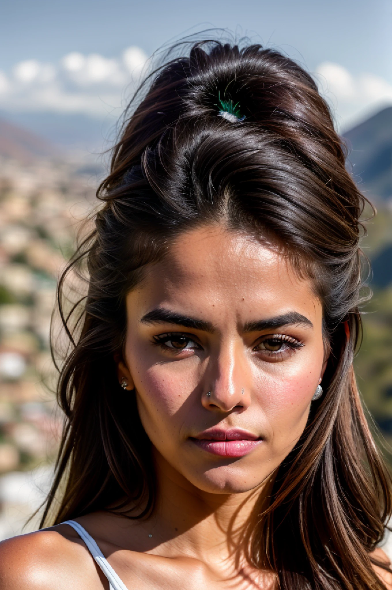 portrait of modern Jesus, cinematic lighting, depth of field, bokeh, realism, photorealistic, hyperrealism, professional photography, uhd, dslr, hdr, world winner of press photos, (award-winning photograph:1.3), (modern mexican woman, beautiful face, young woman, mexican skin tone, typical mexican feminine features:1.4), (very sharp photo:1.1), (8k, RAW photo, best quality:1.3), (realistic, photo-realistic, female,  modest clothes:1.1), rugged mountain range, rocky terrain, dramatic peaks, cold, challenging, inspiring, Portait of one (beautiful typical modern Mexican woman outdoors:1.5), style (look at the viewer: 1.2) (skin texture) (film grain: 1.3), (warm hue, warm tone: 1.2), close up, cinematic light, side lighting, ultra high res, best shadow, RAW, upper body,  wearing pullover, microgeometry, skin elasticity, light scattering through hair, ambient occlusion, multilayer skin shading, facial muscle simulation, iris and pupil rendering, advanced color classification