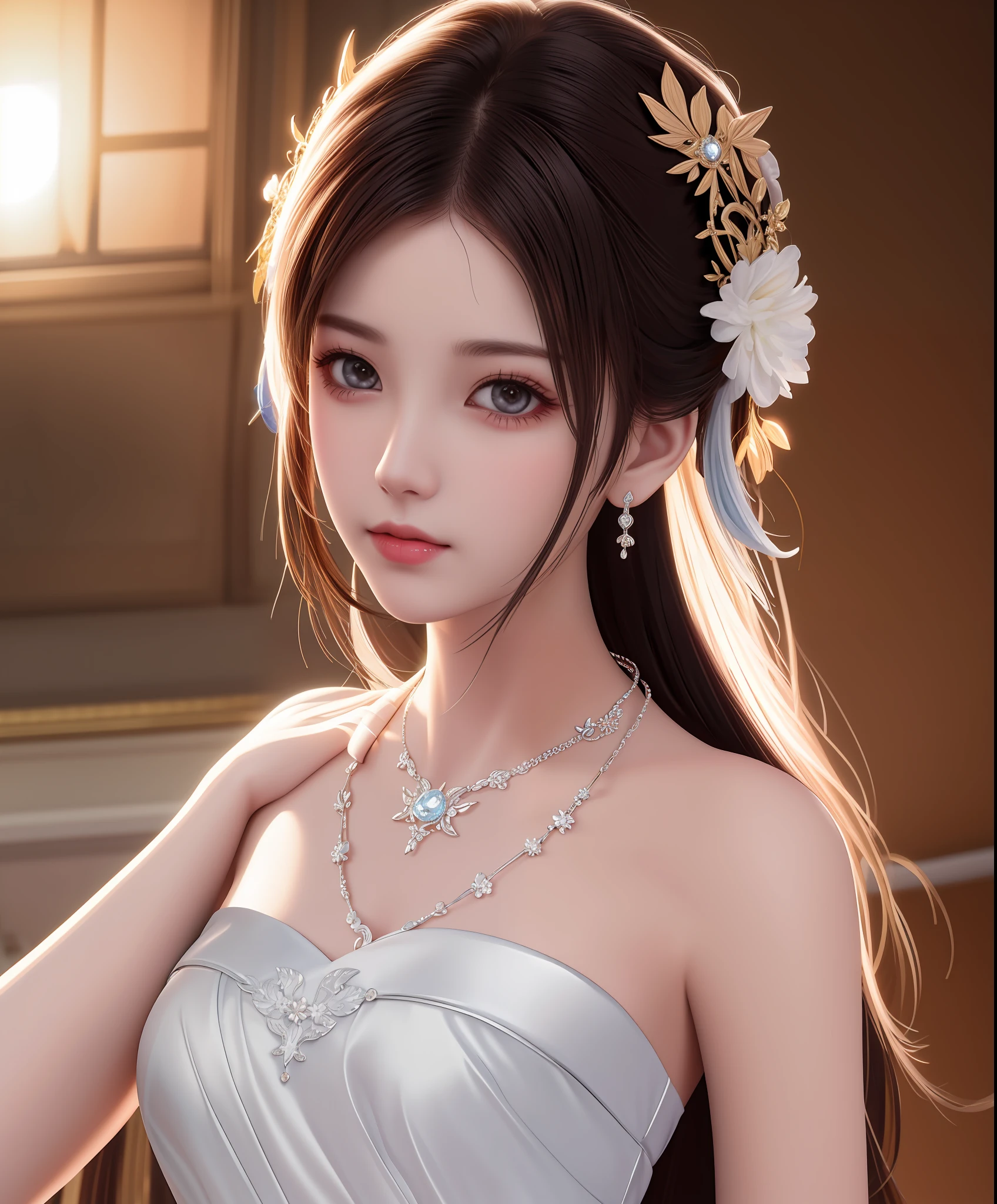 Best quality, masterpiece, high resolution, 1girl, porcelain dress, hair accessories, necklace, jewelry, beautiful face, on the body, Tyndall effect, realistic, dark studio, edge lighting, two-tone lighting, (high detail skin: 1.2), 8k UHD, dslr, soft light, high quality, volumetric light, candid, photo, high resolution, 4k, 8k, background blur,