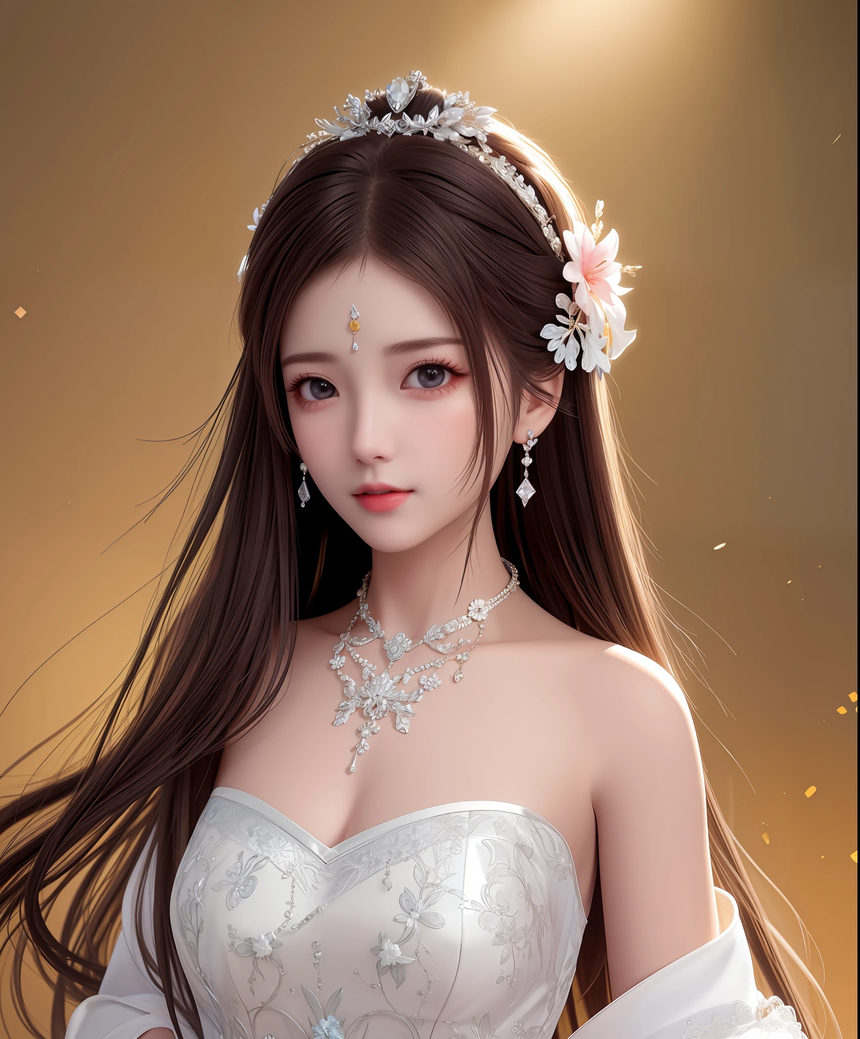 Best quality, masterpiece, high resolution, 1girl, porcelain dress, hair accessories, necklace, jewelry, beautiful face, on the body, Tyndall effect, realistic, dark studio, edge lighting, two-tone lighting, (high detail skin: 1.2), 8k UHD, dslr, soft light, high quality, volumetric light, candid, photo, high resolution, 4k, 8k, background blur,