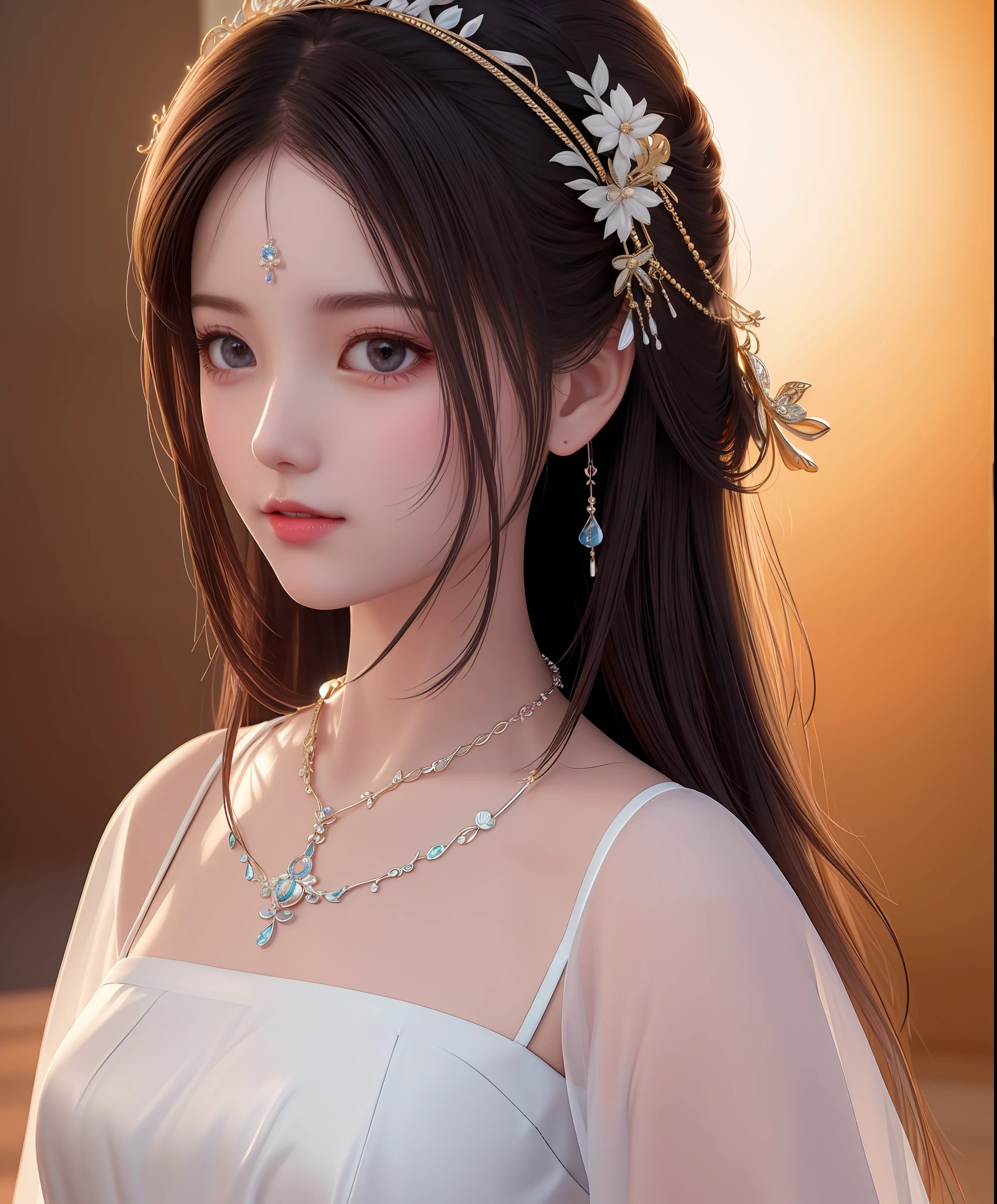Best quality, masterpiece, high resolution, 1girl, porcelain dress, hair accessories, necklace, jewelry, beautiful face, on the body, Tyndall effect, realistic, dark studio, edge lighting, two-tone lighting, (high detail skin: 1.2), 8k UHD, dslr, soft light, high quality, volumetric light, candid, photo, high resolution, 4k, 8k, background blur,