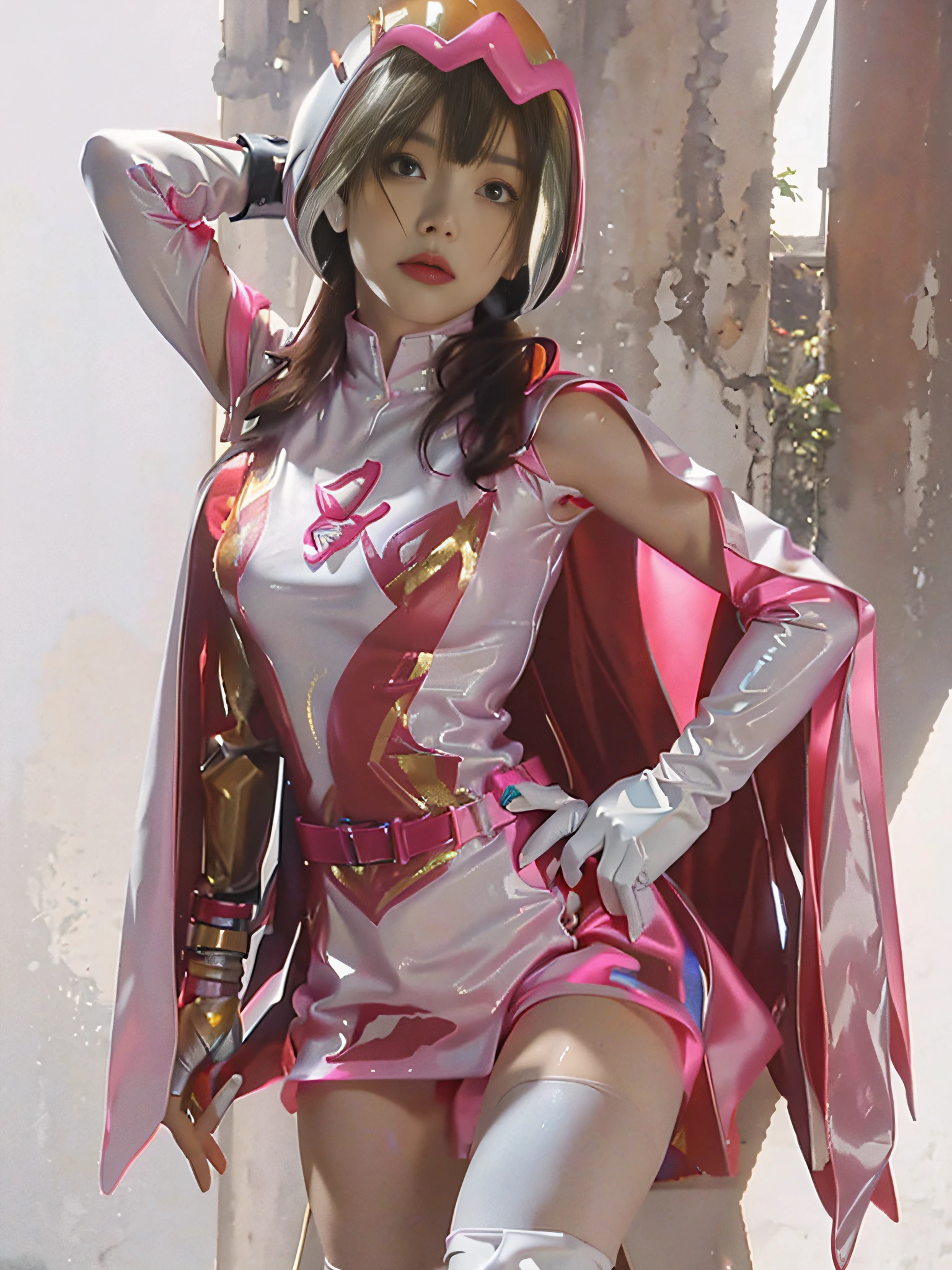 (Best Quality: 1.2), (White and Pink Helmet), (Translucent Visor: 1.6), (White and Pink Long Sleeve Leather Dress), (Mini Dress),(Long Satin Gloves),(Cape), (Knee Hai Booch:1.5),Cute, Solo, Single, Beautiful Japan Woman, , Tall, ((Leg length, slender))))))), ((Lip gloss, lipstick, glossy lips)))) ), makeup, (latex: 1.5), (muscular), ((small breasts: 1.5))), (detailed pupils), (black pupils), (eyelashes), (skinny: 1.2), (ultra-realistic five fingers), (female fingers),((exact anatomy))), (panties),