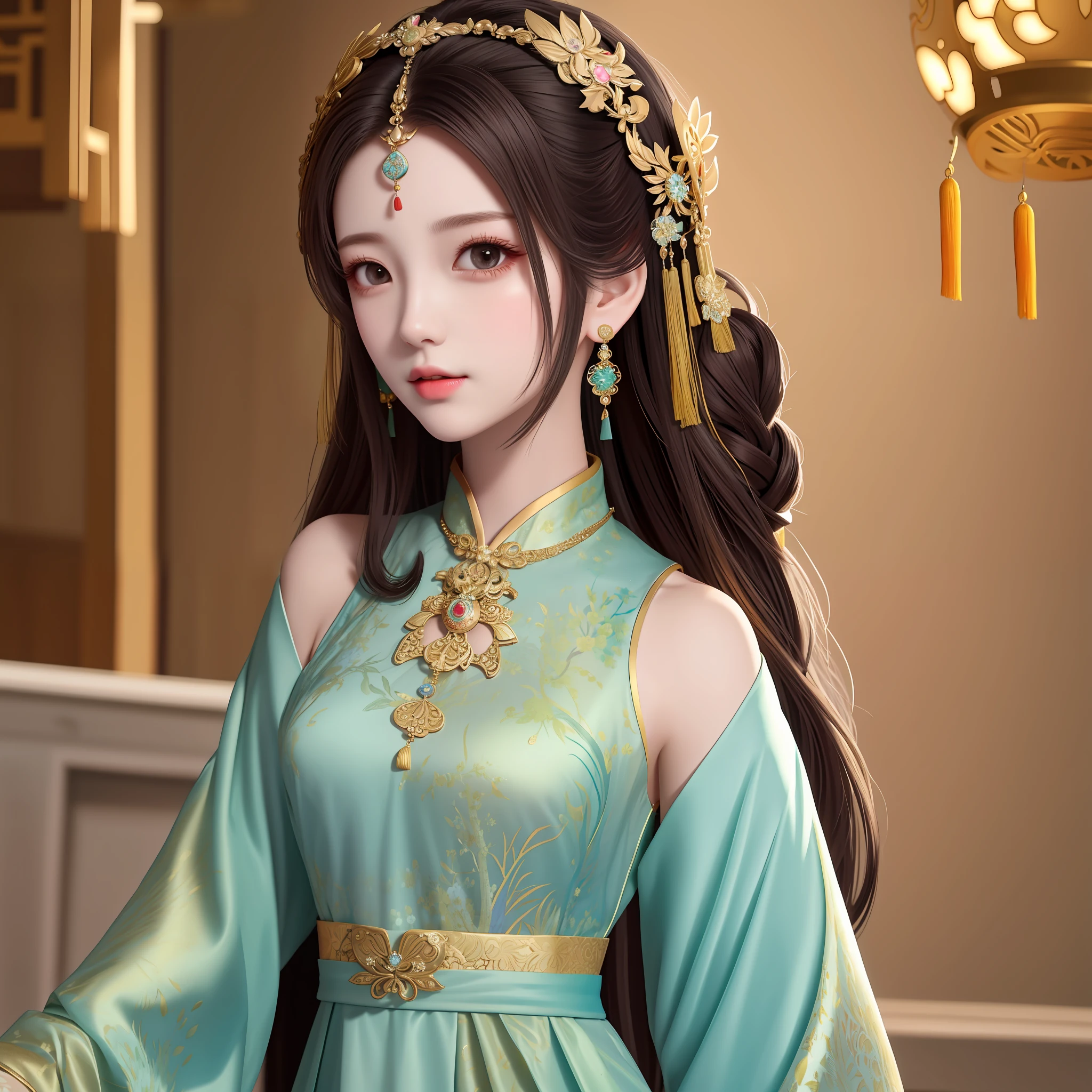 best quality, masterpiece, Beautiful face,1girl, long_hair, solo, upper_body, china dress,dress,hair ornament, necklace, jewelry, long hair, earrings, chinese clothes