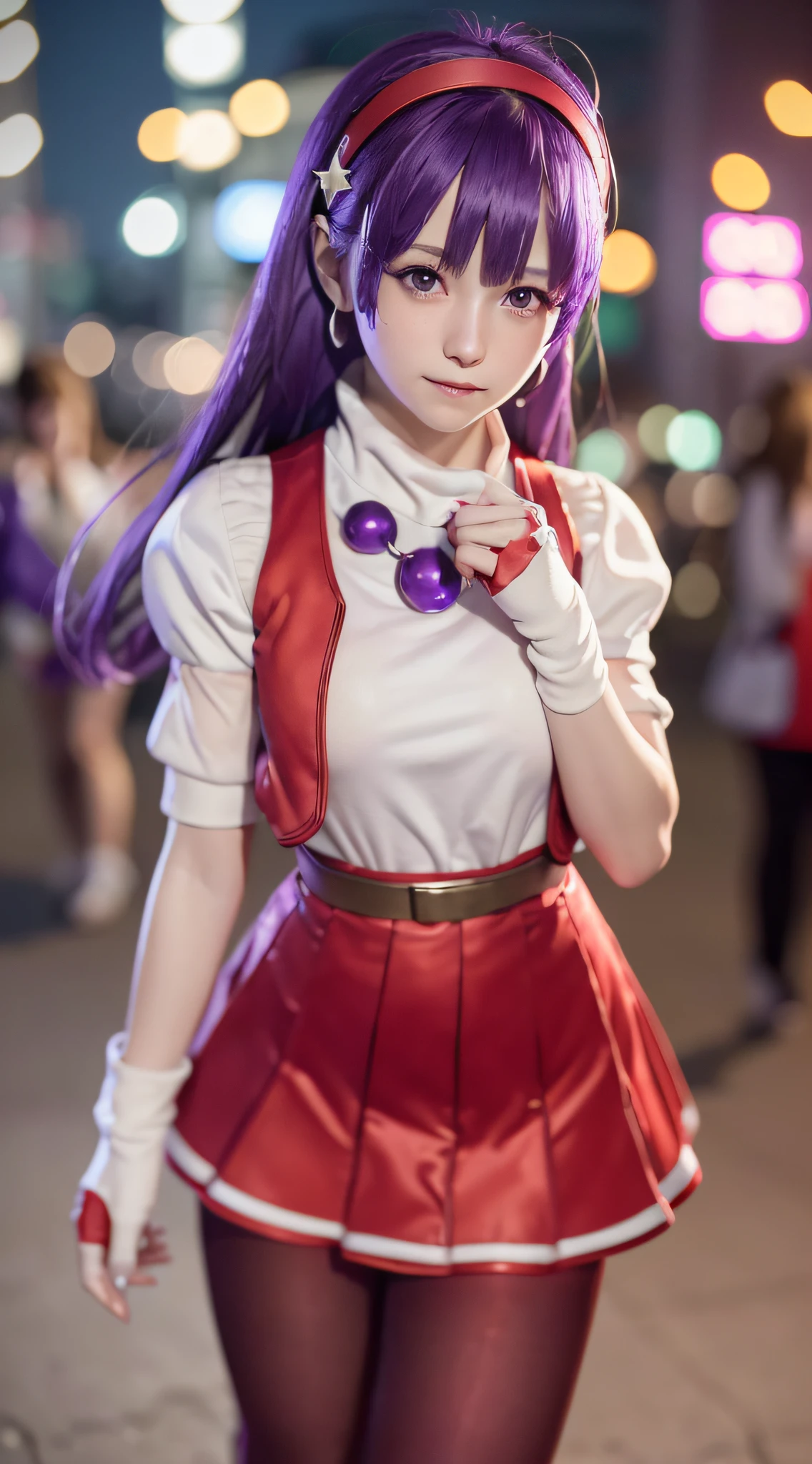 (8K,RAW photo, best quarity, masterpiece:1.2), cinematic light, (finely detailed face:1.2), (masterpiece:1.5), (best quality:1.2), (looking at viewer:1.2), (artstation:1.2), dramatic, epic realistic, super intricate details, detailed, [[rutkowski]], ( highly detailed CG wallpaper Unity 8k), popular on ArtStation, popular on CGSociety, Intricate, High Detail, Sharp focus, dramatic, photorealistic painting by Midjourney, (insanely detailed:1.5), Greg Rutkowski, ((detailed pupils)), (detailed face), ((cinematic look)), Extremely Sharp Lines, Realistic Photos, A Detailed Masterpiece, elegant, clear focus, Depth of field, Movie Wallpaper, Facial Focus, physically-based rendering, photon mapping, physically-based rendering, (((looking at camera))), (((bokeh (background))), golden time, athena97, 1girl, solo, purple eyes, purple hair, long hair, white earrings, red hairband, star hair ornament, medium breats, red vest, white turtleneck, white puffy sleeves, short sleeves, red pleated skirt, (deep red pantyhose:1.2), black pantyhose, yellow belt, (purple sphere shape necklace:1.11), red fingerless gloves, white short socks, red shoes,(sweet face of -yeld gir.1),smiling, In the neon district of Akihabara at night, very big cute eye