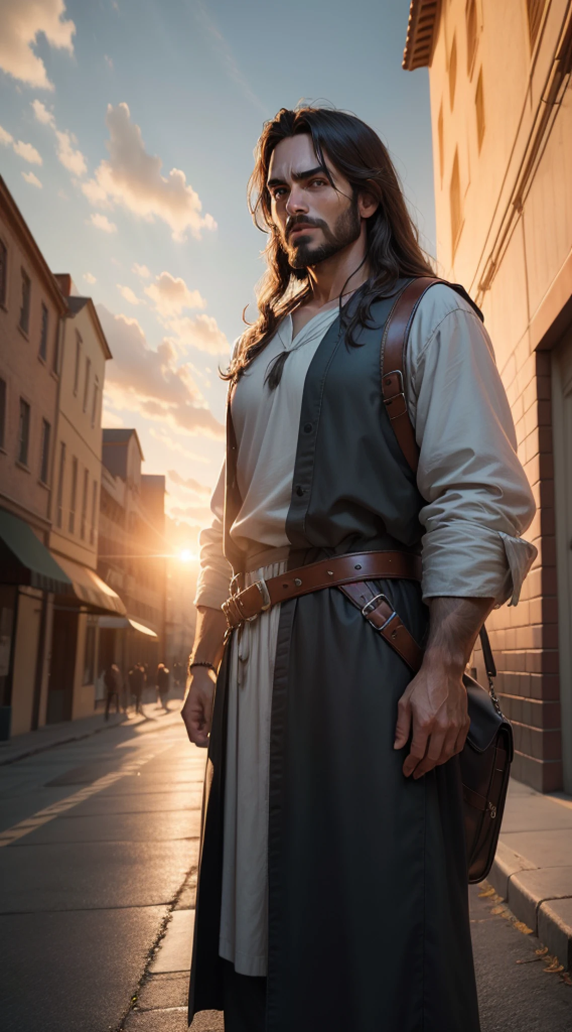 image of jesus man in immense sky at the end of the day, wide photo, with approximate age of 40 years, depth of field, (insanely detailed: 1.5), 20 mega pixels, soft lighting, best quality, intricate, tone mapped, highly detailed, smooth, sharp focus, highly detailed art, cinematic, hyper realistic painting, 8K, incredible shadows, realistic, (highly detailed background: 1.0)
