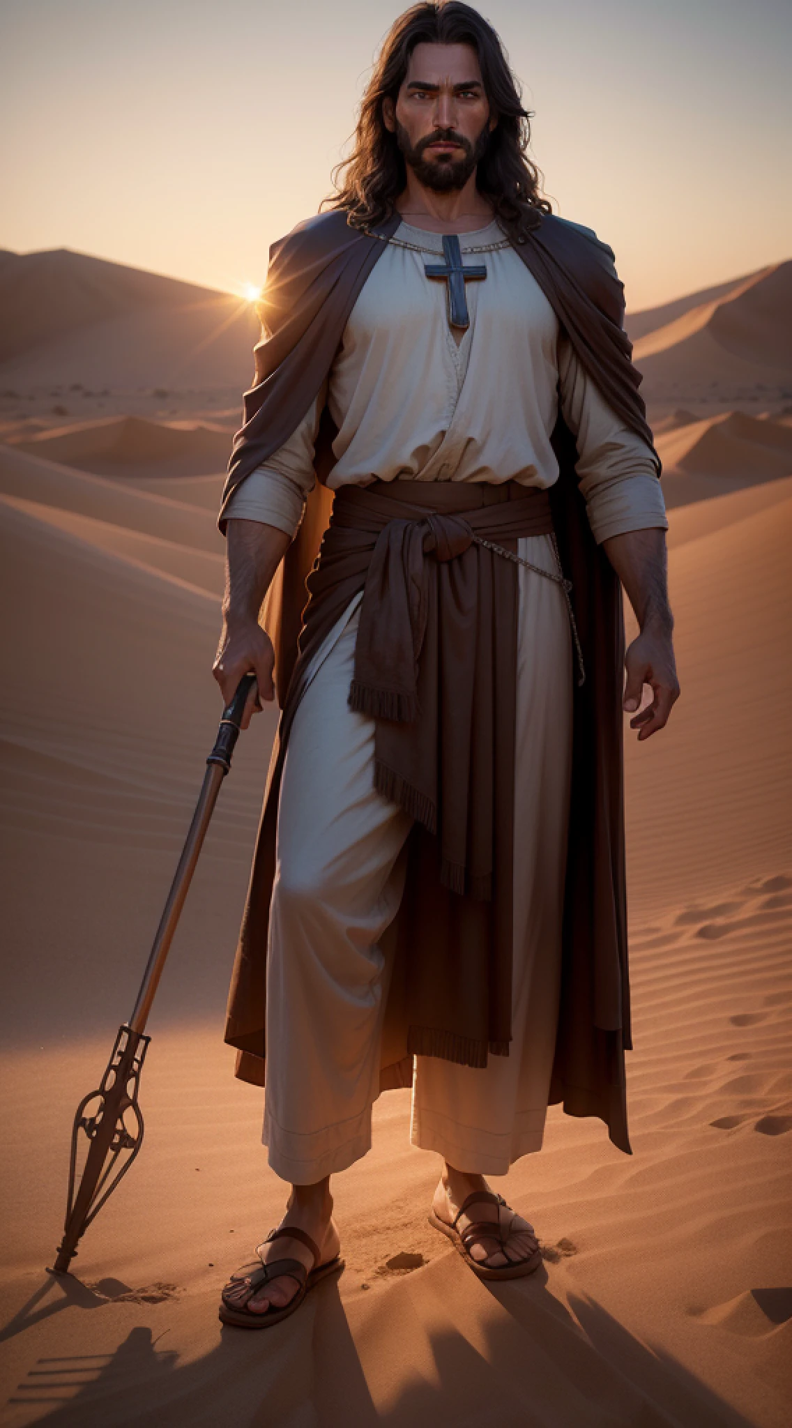 image of jesus man in the desert pulling a cross at sunset, approx. age 40 years, depth of field, (insanely detailed: 1.5), full body photography, 20 mega pixels, soft lighting, best quality, intricate, tone mapped, highly detailed, artstation, concept art, smooth, sharp focus, highly detailed art, cinematic, hyper realistic painting, 8K, amazing shadows, realistic, (highly detailed background: 1.0)