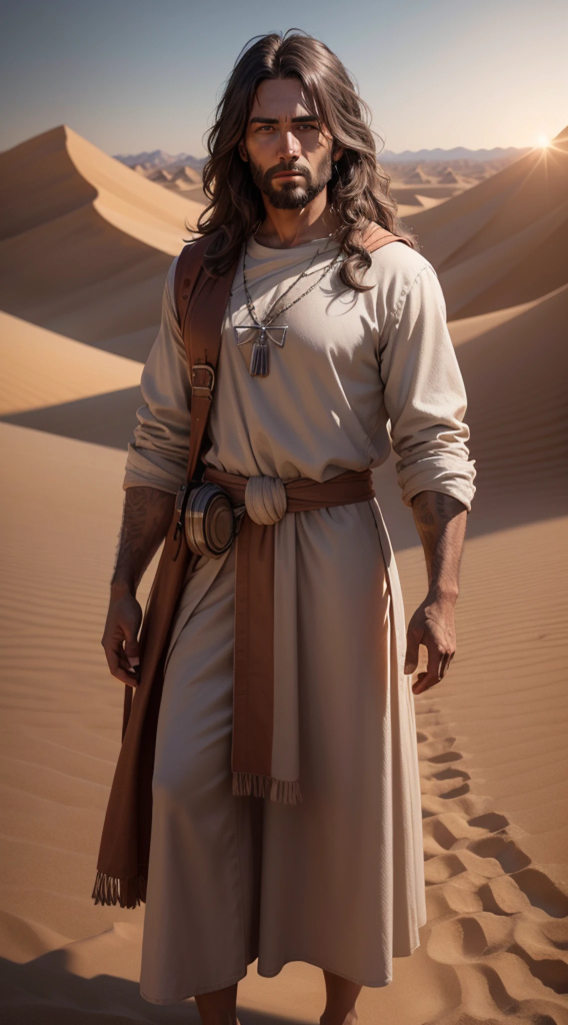 image of jesus man in the desert at sunset, with approximate image of 40 years, depth of field, (insanely detailed: 1.5), full body photography, 20 mega pixels, detailed skin, soft lighting, masterpiece, best quality, intricate, tone mapped, highly detailed, artstation, concept art, smooth, sharp focus, highly detailed art, cinematic, hyper realistic painting, 8K, amazing shadows,  realistic, (highly detailed background: 1.0)