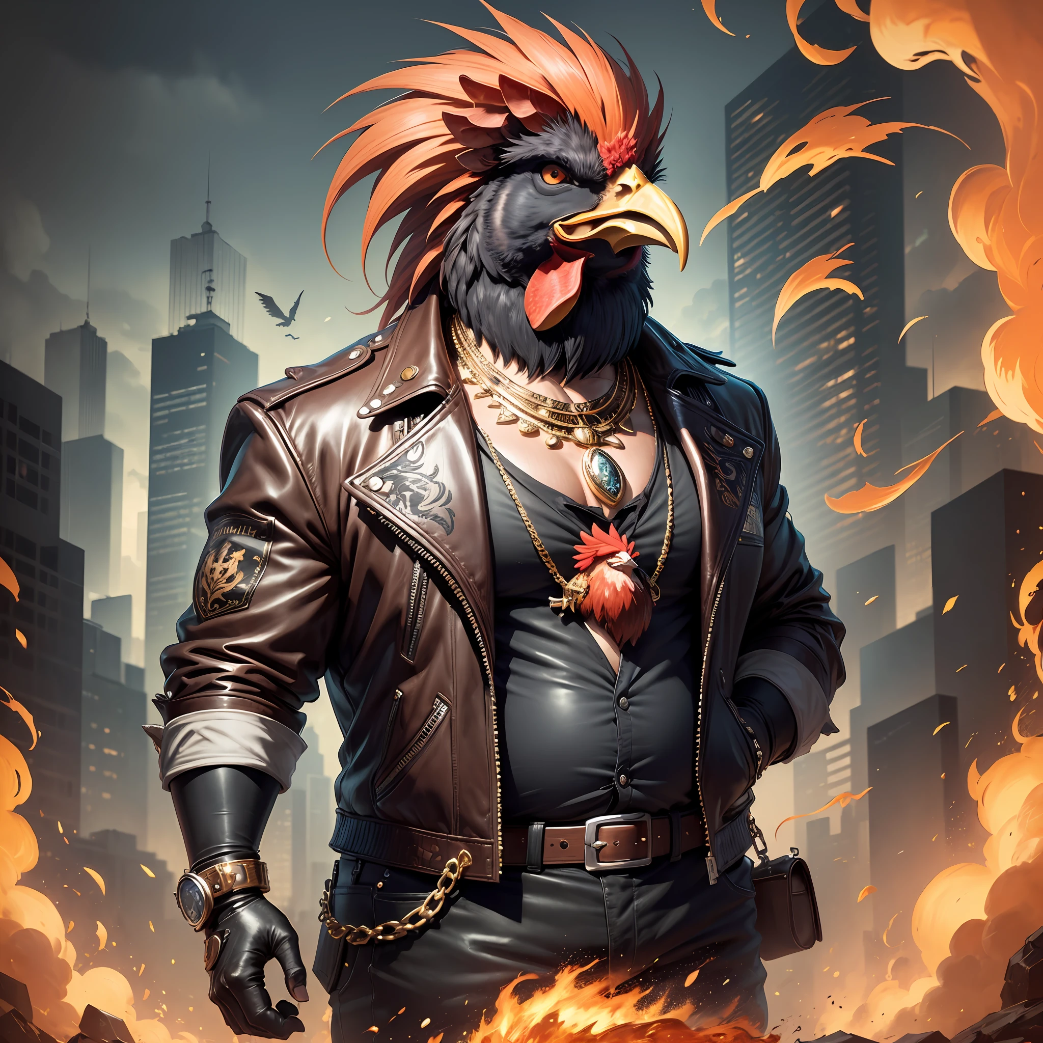 ((best quality)), ((ultradetailed)), ((masterpiece)), illustration, theme: animal mafia, animal: rooster, build: fat wearing: gold necklace and leather jacket, expression: fierce, screaming viewpoint: looking front, background: dark and gritty atmosphere, resolution: 4K --auto --s2