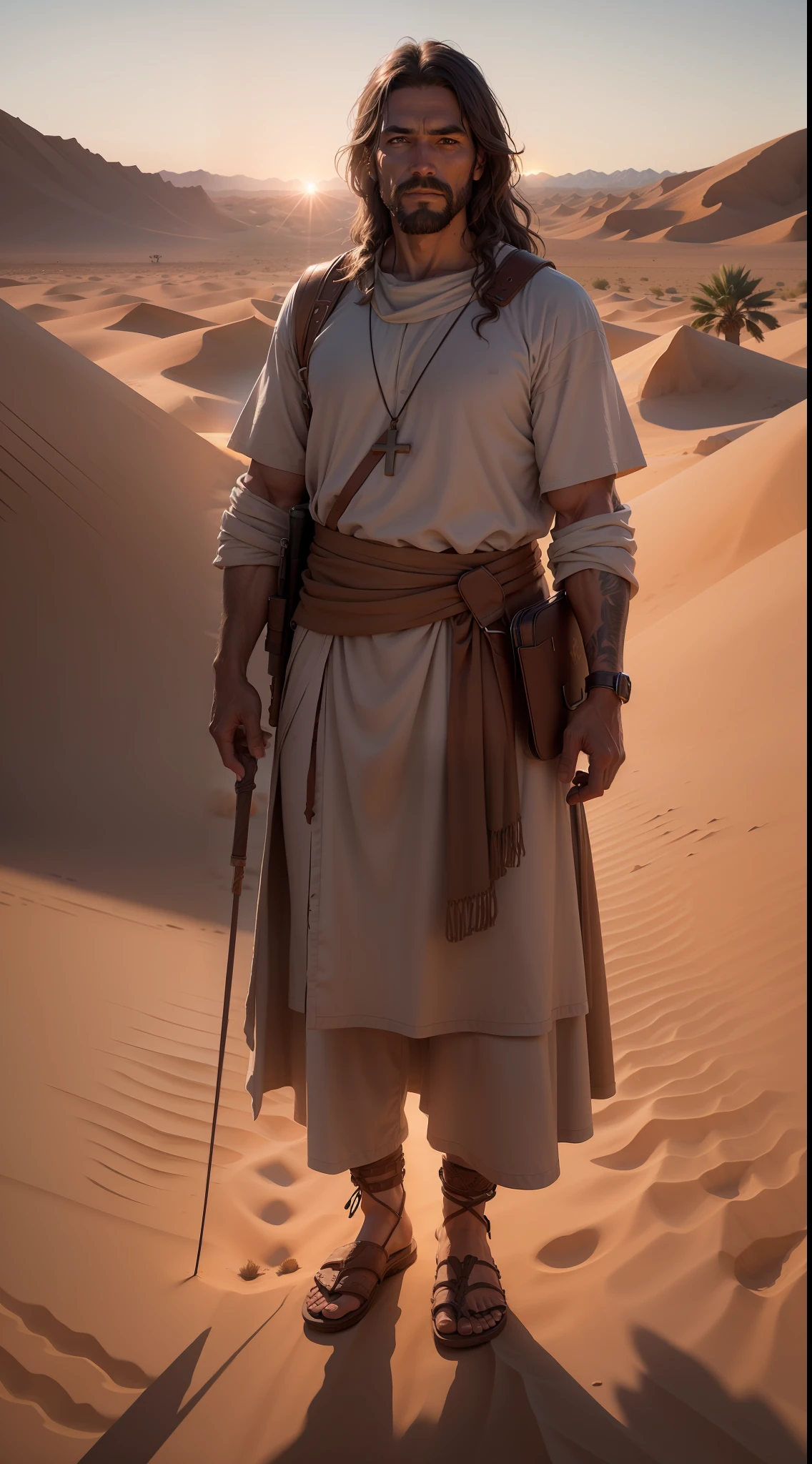 image of jesus man in the desert pulling a cross at sunset, approx. age 40 years, depth of field, (insanely detailed: 1.5), full body photography, 20 mega pixels, soft lighting, best quality, intricate, tone mapped, highly detailed, artstation, concept art, smooth, sharp focus, highly detailed art, cinematic, hyper realistic painting, 8K, amazing shadows,  realistic, (highly detailed background: 1.0)