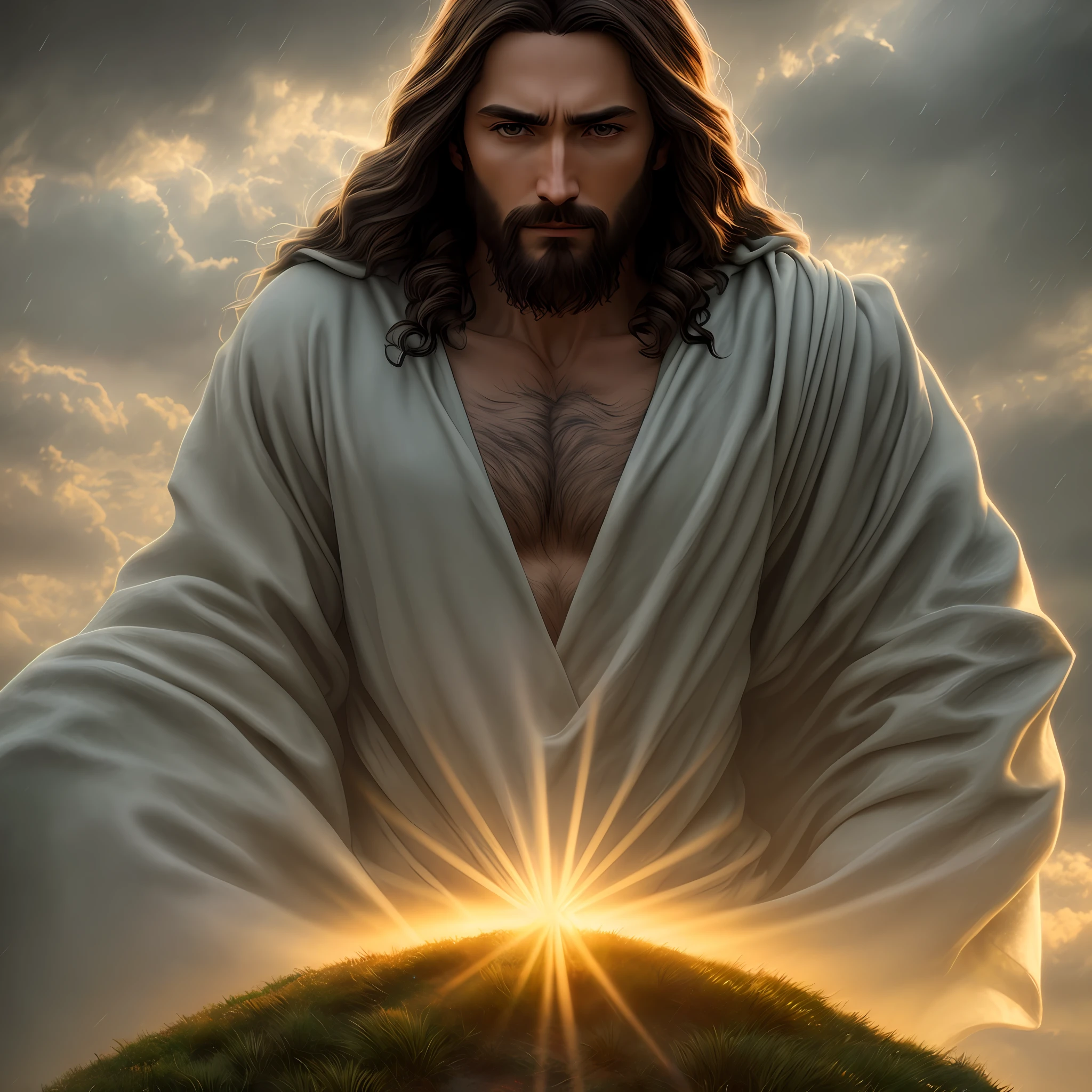 Jesus looking forward ((center)) with a scroll in a storm, soft expression, streaks of light descending from the sky, masterpiece, high quality, high quality, highly detailed CG unit 8k wallpaper, award-winning photos, bokeh, depth of field, HDR, bloom, chromatic aberration, realistic, very detailed, trend in artstation, trend in CGsociety, complex, high detail, dramatic, art in the middle of the journey, Volumetric lighting