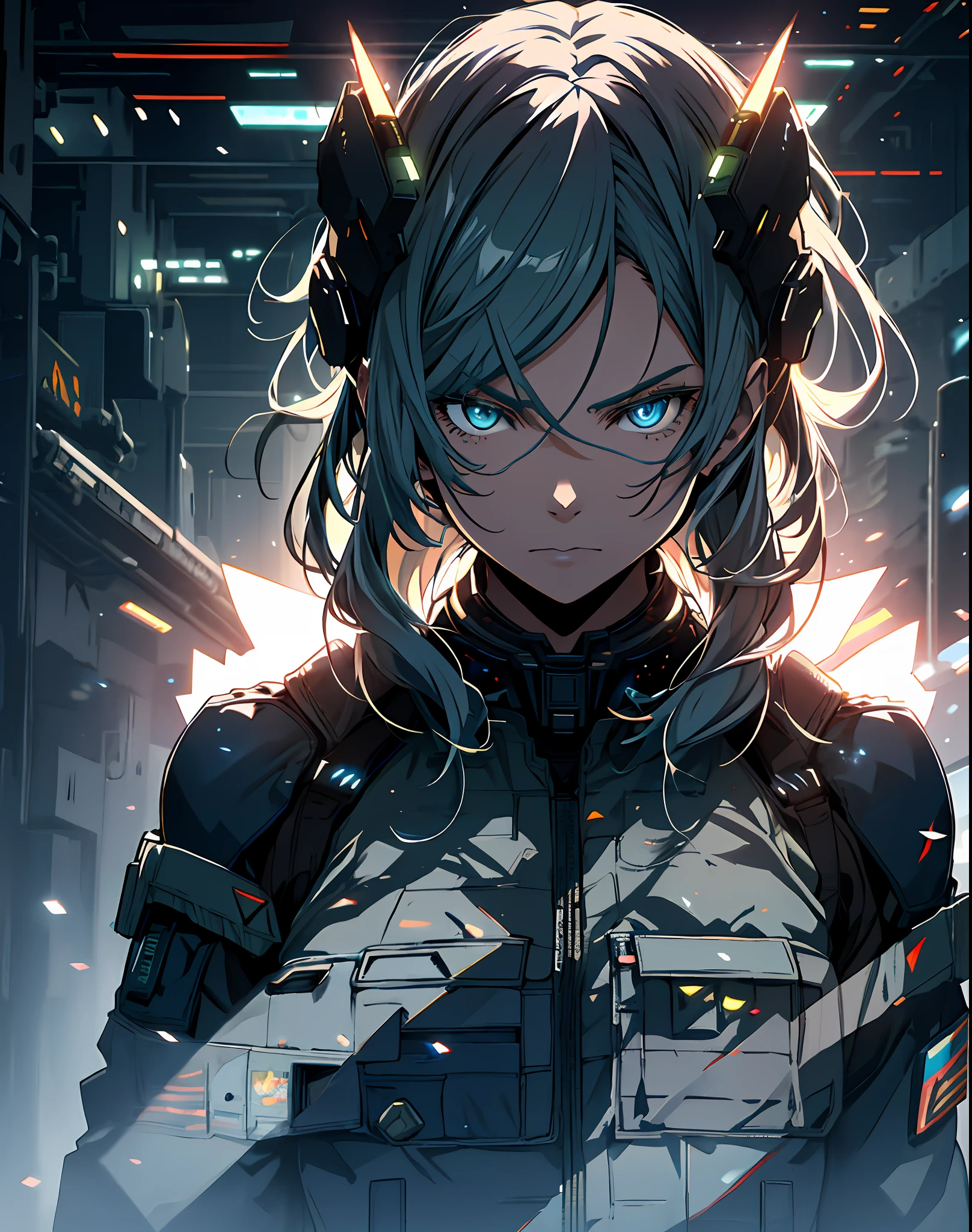 (grainy:0.5), cinematic,girl,adult, space, serious, military pose,detailed face, detailed military outfit, volumetric lighting, isolation, horror, perfect anatomy, hyperrealistic, dark lighting, bioluminescent details