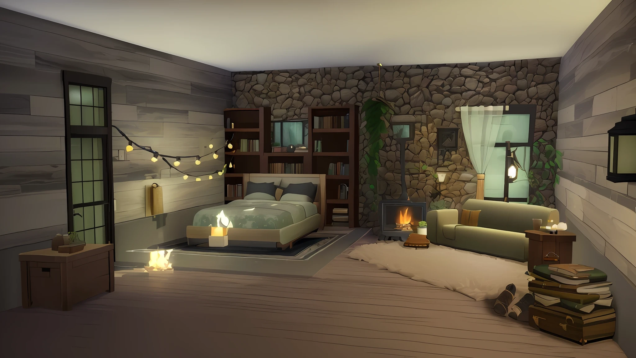 there is a room with a bed, couch, and a fireplace, designed for cozy aesthetics!, cozy and calm, cozy and peaceful atmosphere, cozy atmospheric, rendered in enscape, modern rustic”, cozy treehouse bedroom, cozy environment, inside a cozy apartment, bedroom full of fire, cozy room, cozy home background, the sims 4 texture, cozy place, cozy atmosphere