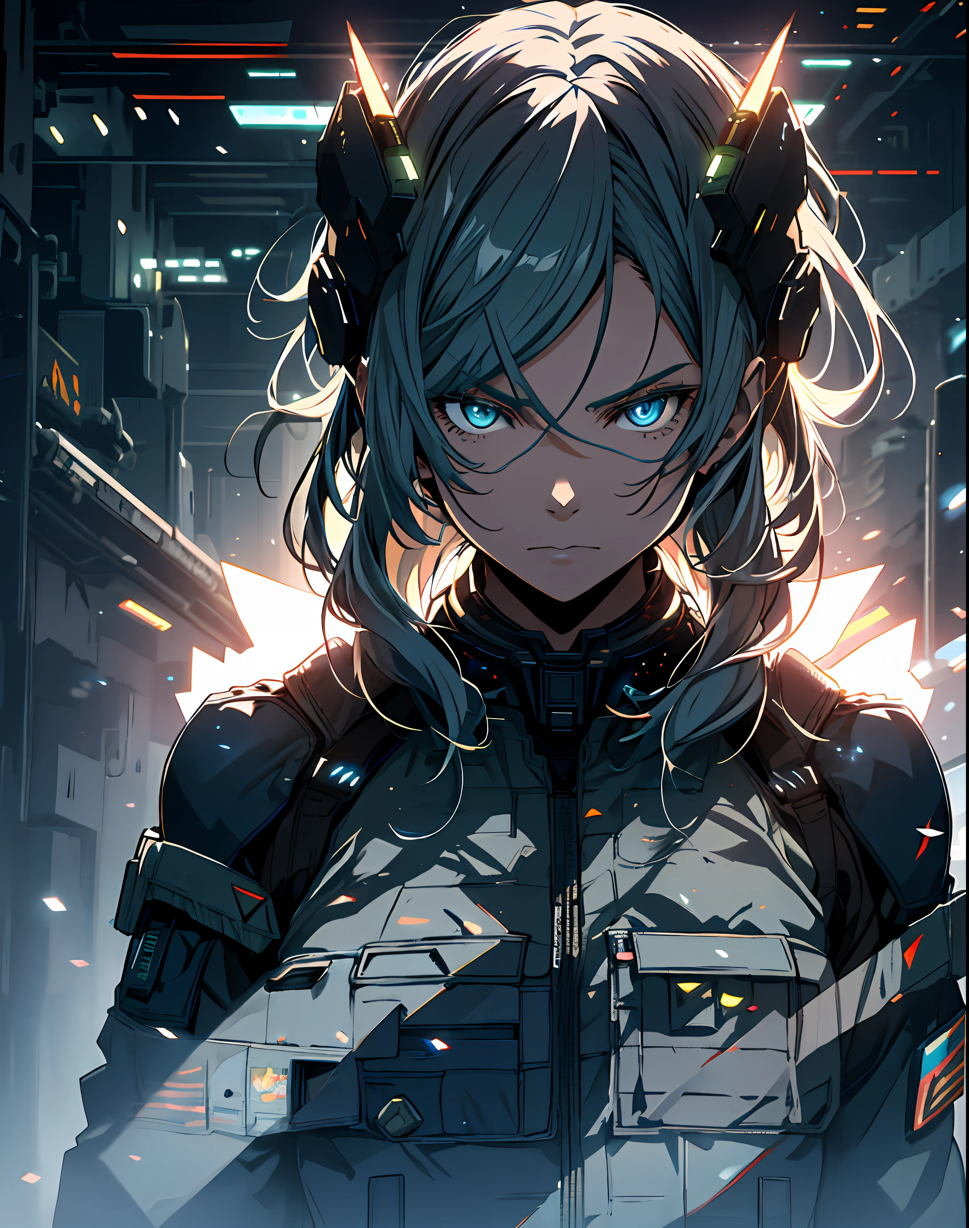 (grainy:0.5), cinematic,girl,adult, space, serious, military pose,detailed face, detailed military outfit, volumetric lighting, isolation, horror, perfect anatomy, hyperrealistic, dark lighting, bioluminescent details