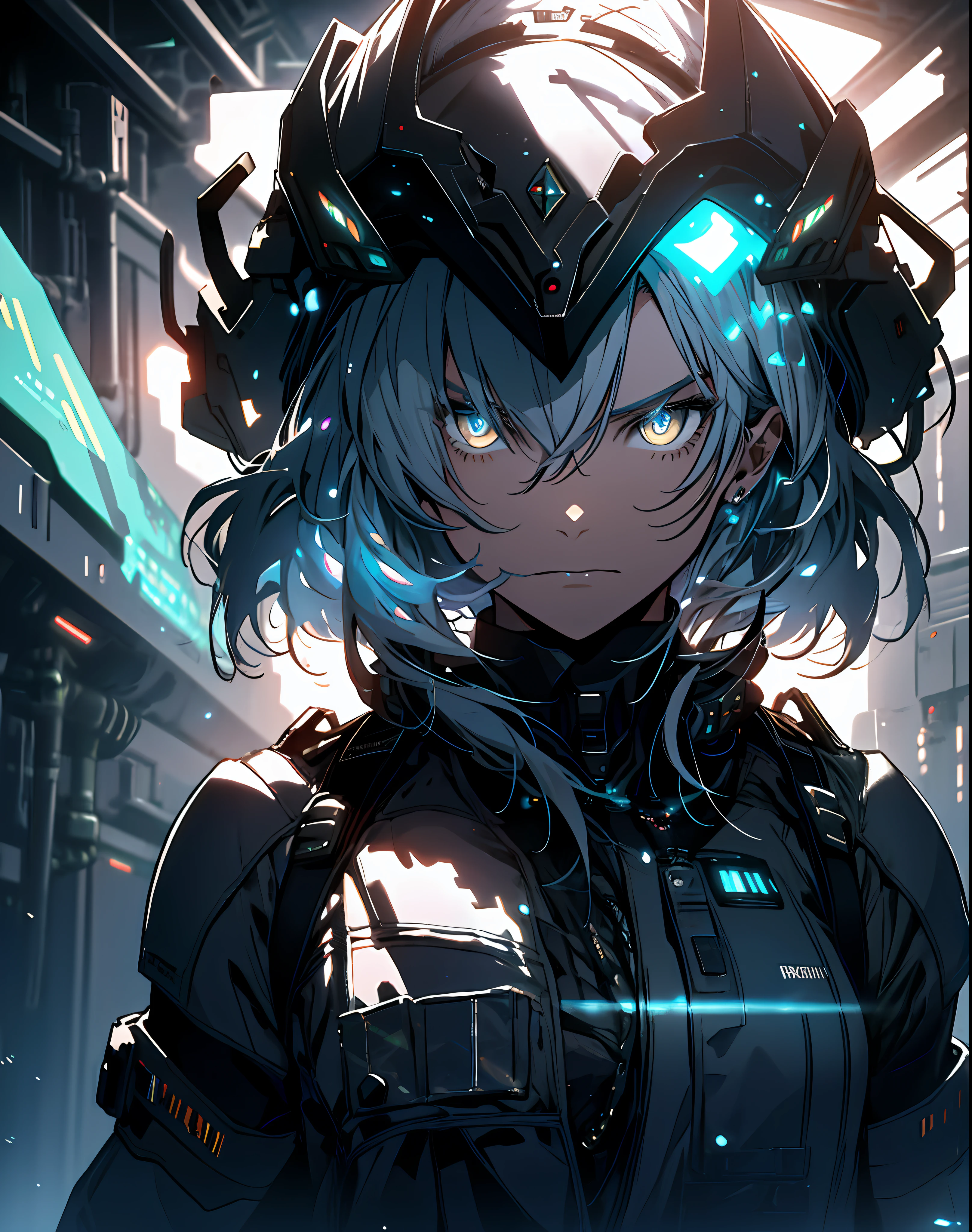 (grainy:0.5), cinematic,girl,adult, space, serious, military pose,detailed face, detailed military outfit, volumetric lighting, isolation, horror, perfect anatomy, hyperrealistic, dark lighting, bioluminescent details