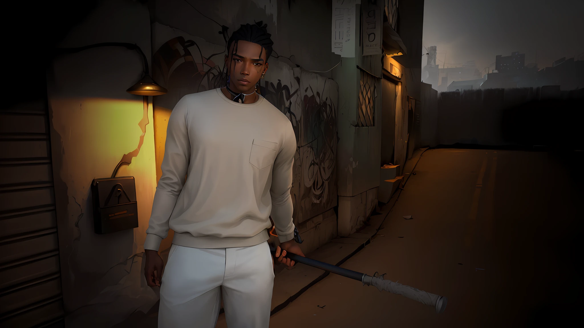 arafed image of a man in white shirt holding a baton, avatar of second life, imvu, ( (dark skin ) ), secondlife, location ( slum _ wall ), elegant pose, inspired by Jang Seung-eop, inspired by Ludovit Fulla, skin : tjalf sparnaay, standing on township street, standing in an alley
