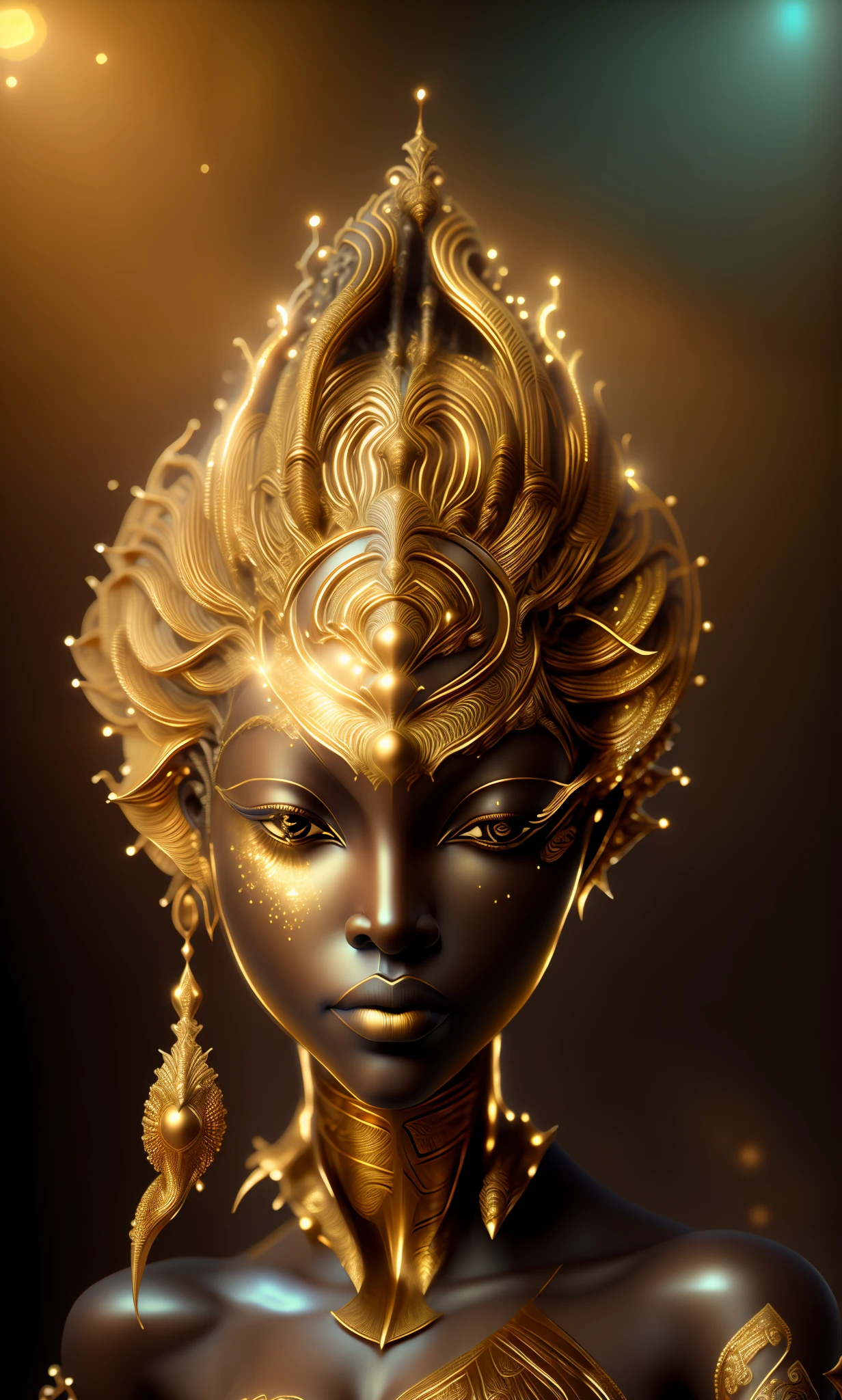 a close up of a statue of a woman wearing a gold headdress, afrofuturism, 3 d goddess portrait, goddess. extremely high detail, afrofuturism style, kemetic, unreal engine render + a goddess, extremely detailed goddess shot, goddess close-up portrait, epic 3 d oshun, afro futurism, african queen, afrofuturist