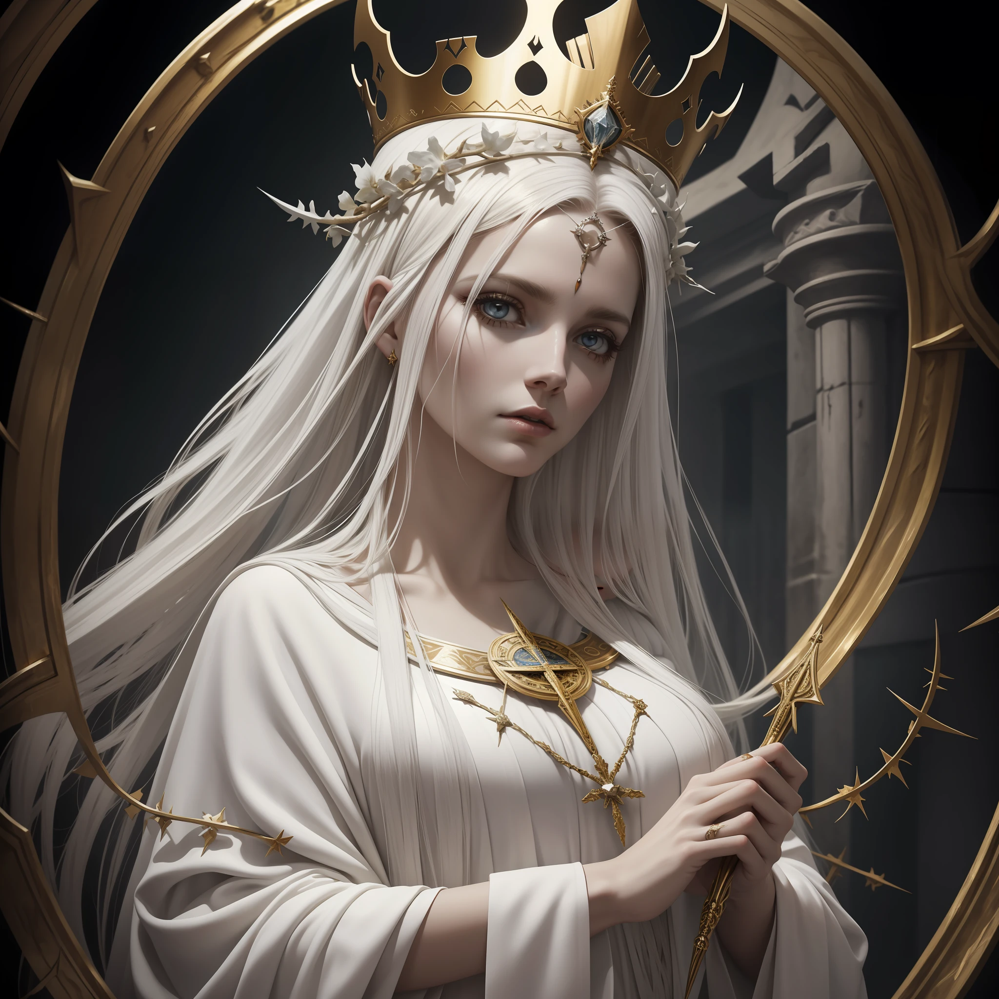 Surreal painting, a white woman dressed in white with crown of thorns and hair in the air, beautiful portrait, female goddess of rancid skin, cinematic goddess shot, white and gold priestess robes dirty with blood and clay, goddess. extremely high details, , good and bad