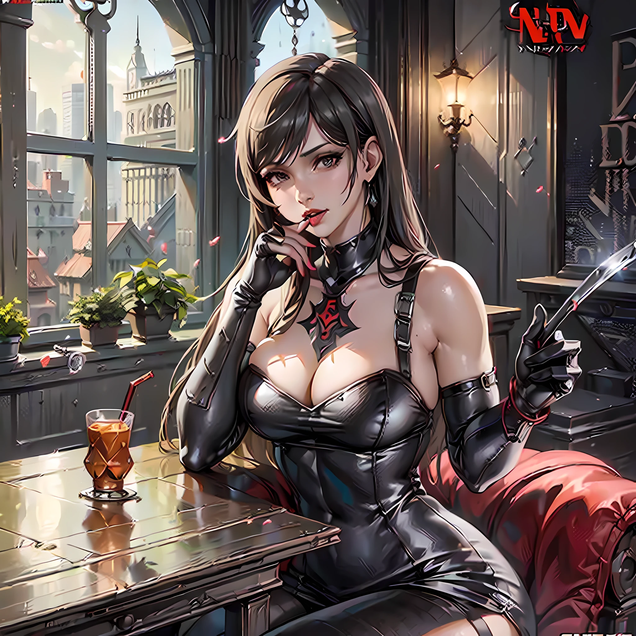 (magazine cover:1.7),Nier Automata, Final Fantasy 7 Remake, Final Fantasy XVI , A woman like Tifa or 2B wearing a red dress and red lipstick, red lips,pout,scowl , red dress, Artstation , pixiv, deviantart , aesthetic , beautiful , highly detailed , original work , master piece , extreme details , classy , formal , sitting , legs crossed , holding a drink , upper class bar, the background must be under water with fish in the glass , similar to an aquarium , aquatic life , see animals , sea plants,Foreground Cyrillic and kanji , lettering in dark colours ,don't use f and n as a headline ,HDR, OLED ,Wallpaper , Headline , Front cover , Crimson Red , Candy Apple Red , reflections, High detail , ray tracing, unreal engine 5 volumetric lighting , god rays, (nfsw:1.9)