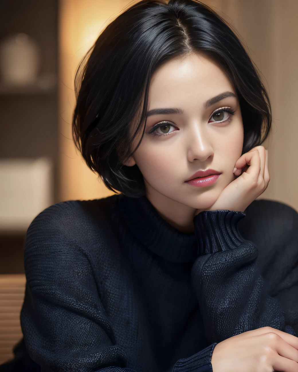 (masterpiece:1.3), (8k, photorealistic, RAW photo, best quality: 1.4), (1girl), beautiful face, (realistic face), (black hair, short hair:1.3), beautiful hairstyle, realistic eyes, beautiful detailed eyes, (realistic skin), beautiful skin, (navy blue sweater), absurdres, attractive, ultra high res, ultra realistic, highly detailed, golden ratio, dark, rim lighting