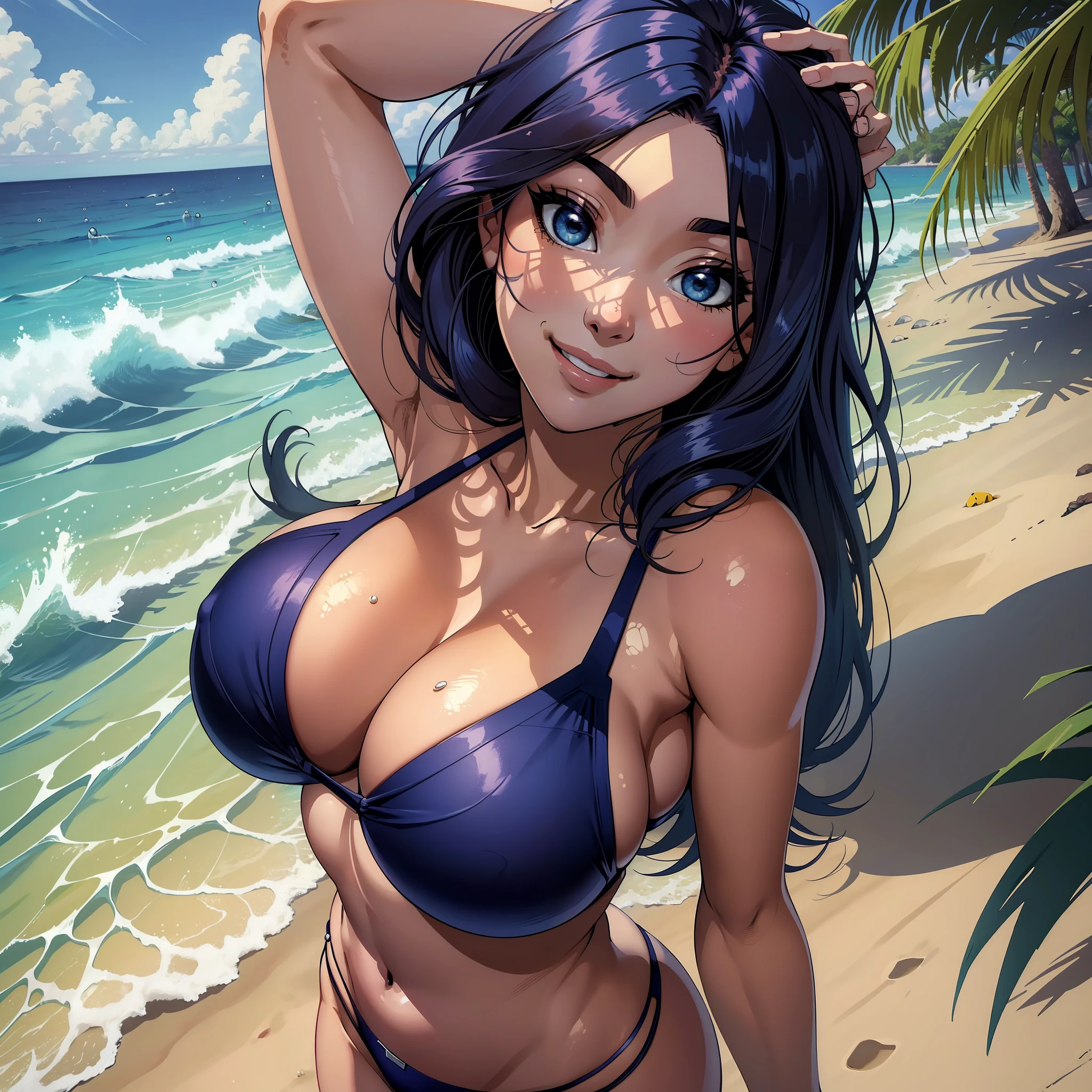 ((masterpiece:1.2)), best quality, Hyuga hinata, cute face, huge_breasts, dark blue bikini, bikini bottom, cowboy_shot, looking_at_viewer, smile, standing on the beach, behind the ocean, anime screencap, detailed face, (perfect fingers)