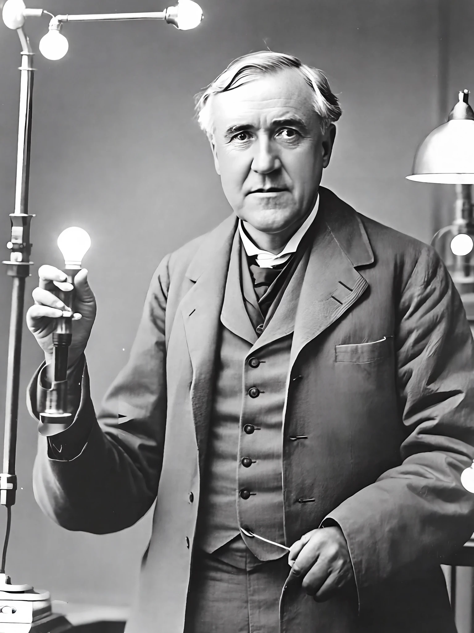 photo of Thomas Edison, holding a lit light bulb in his hand, looking at the camera, portrait, in a research laboratory, ultra realistic, Extremely detailed