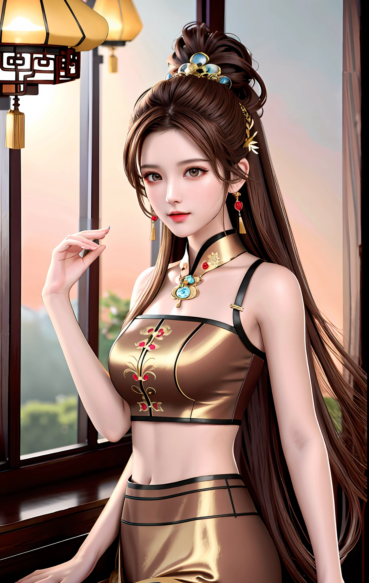 best quality, masterpiece, high_res, 1girl, hair ornament, necklace, jewelry, Beautiful face, tyndall effect, photo realistic, rim lighting, (high detailed skin:1.2), 8k uhd, dslr, soft lighting, high quality, volumetric lighting, candid, Photograph, high resolution, 4k, 8k, Bokeh, medium breasts, absurdres, (light brown hair color), red ancient traditional chinese underwear, ponytail contorted, best ratio four finger and one thumb,