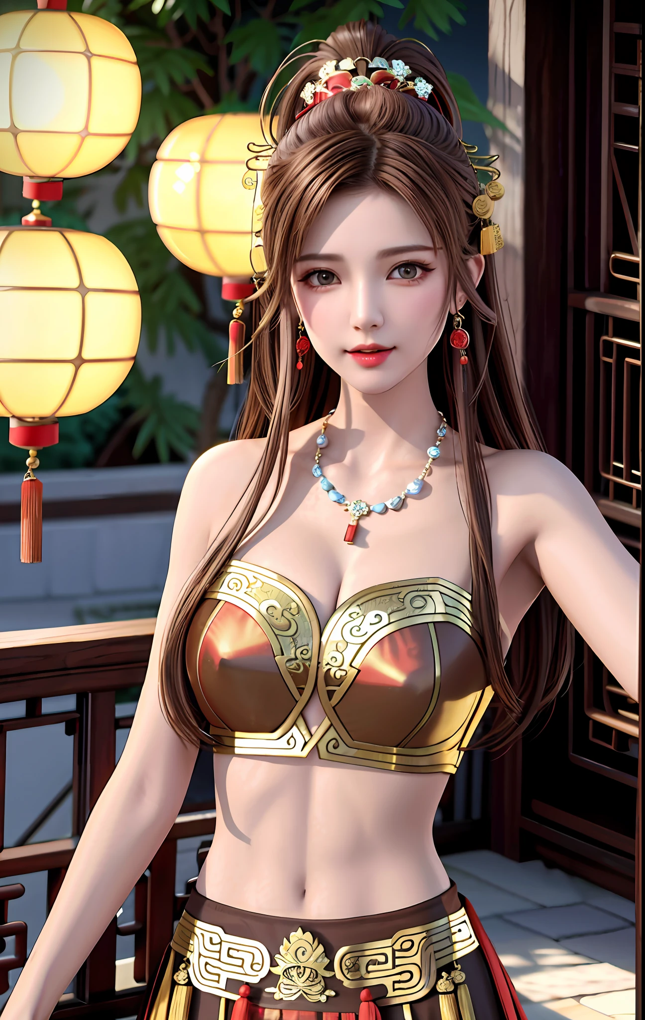 best quality, masterpiece, high_res, 1girl, hair ornament, necklace, jewelry, Beautiful face, tyndall effect, photo realistic, rim lighting, (high detailed skin:1.2), 8k uhd, dslr, soft lighting, high quality, volumetric lighting, candid, Photograph, high resolution, 4k, 8k, Bokeh, medium breasts, absurdres, (light brown hair color), red ancient traditional chinese underwear, ponytail contorted, best ratio four finger and one thumb,