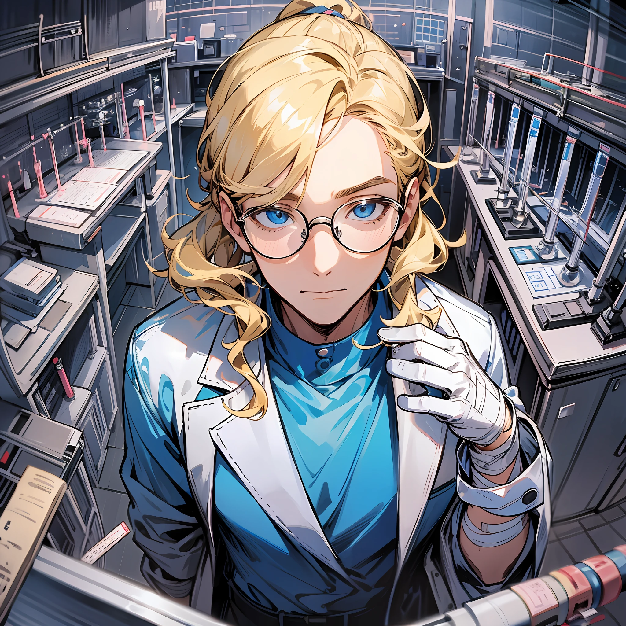 1 guy, expressive face, blonde, long hair, hair in a ponytail, no bangs, curls, blue eyes, glasses, scientist, holding a test tube, watch on hand, blue t-shirt, white coat, pen in pocket, thoughtful, portrait, in the laboratory, computer screens, test tubes, gloves, bandaged hands, super detailed, standing, perspective, top view