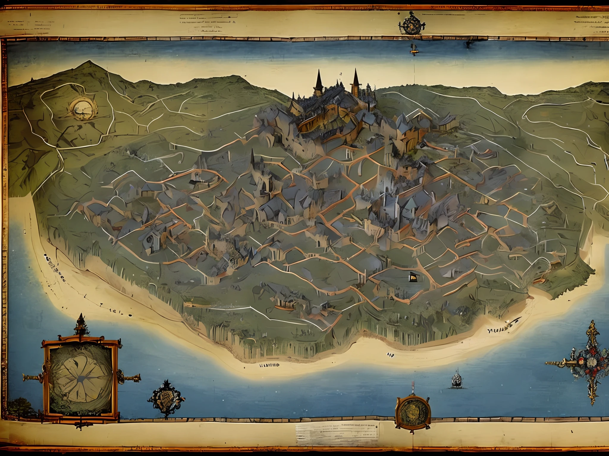 Ancient map with a large castle in the middle (with villages around it), and far away from it has a large ruin with a haunted and frightening aura